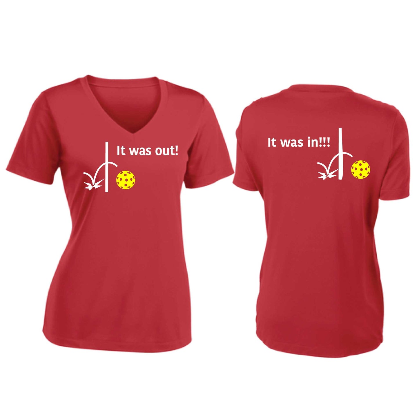 It Was Out! It Was In! (Pickleballs Red White Yellow) | Women's Short Sleeve V-Neck Pickleball T-Shirts | 100% Polyester