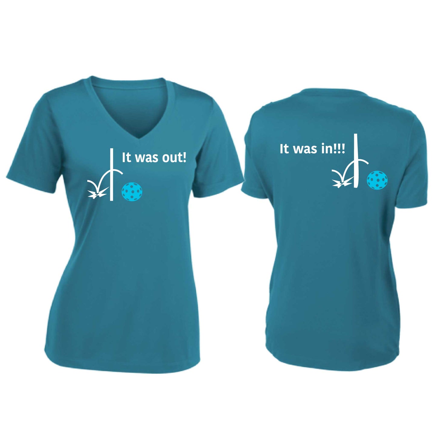 It Was Out! It Was In! (Pickleballs Cyan Green Orange) | Women's Short Sleeve V-Neck Pickleball T-Shirts | 100% Polyester