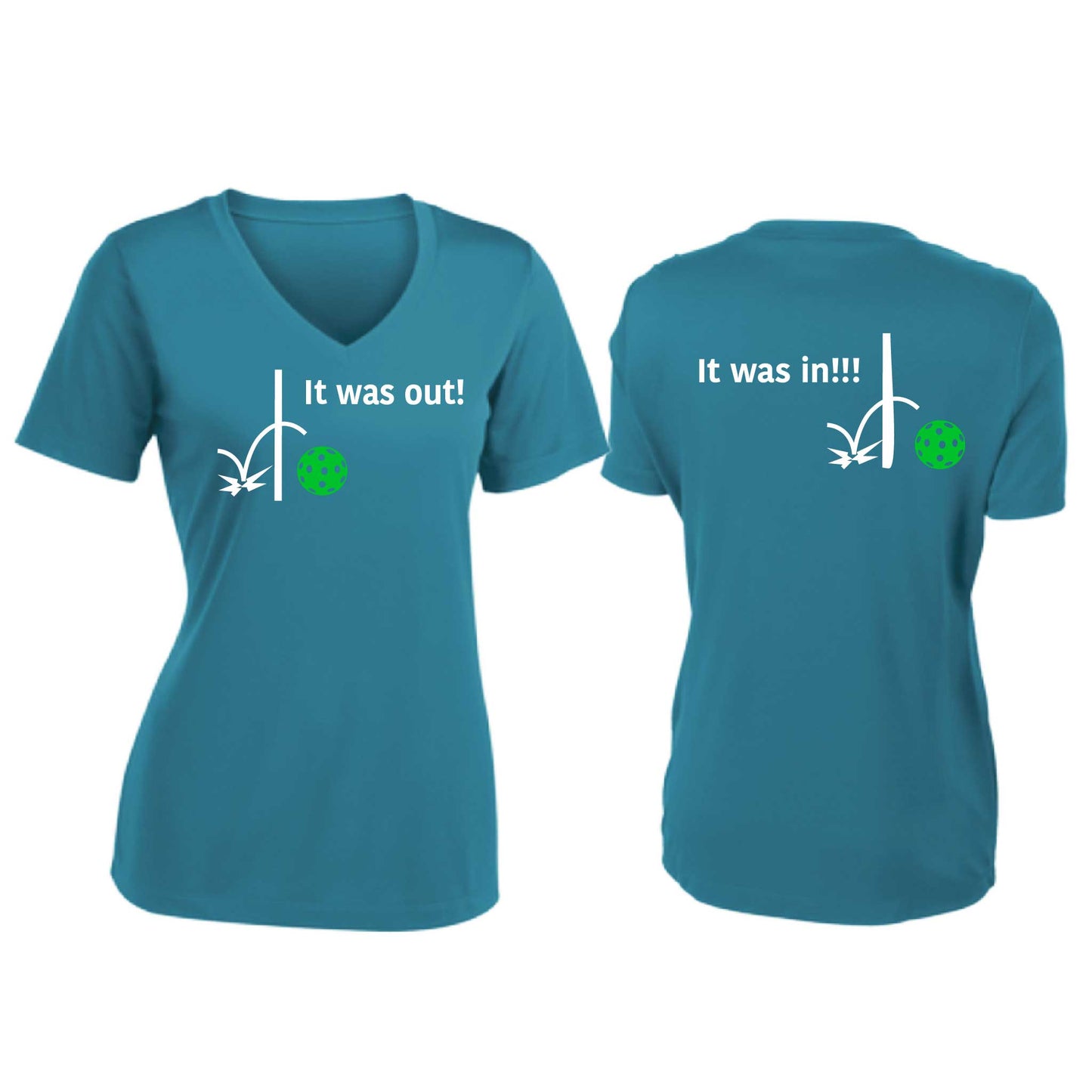 It Was Out! It Was In! (Pickleballs Cyan Green Orange) | Women's Short Sleeve V-Neck Pickleball T-Shirts | 100% Polyester