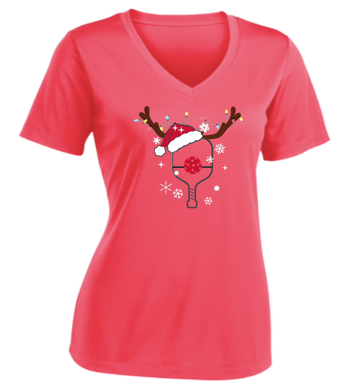 Rudolph The Pickling Reindeer Paddle | Women's Short Sleeve V-Neck Pickleball Shirts | 100% Polyester
