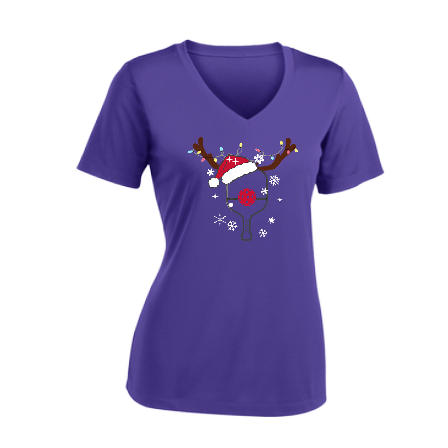 Rudolph The Pickling Reindeer Paddle | Women's Short Sleeve V-Neck Pickleball Shirts | 100% Polyester