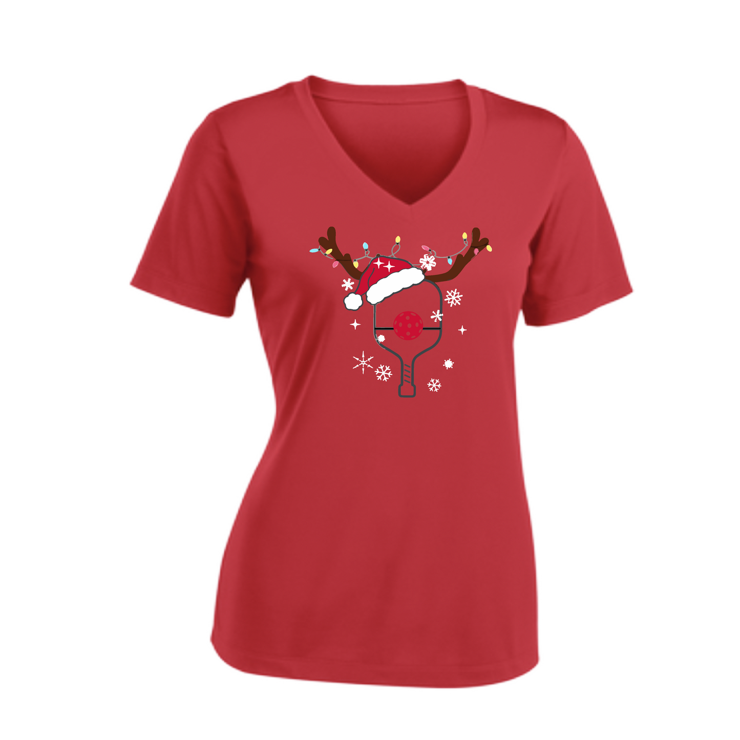 Rudolph The Pickling Reindeer Paddle | Women's Short Sleeve V-Neck Pickleball Shirts | 100% Polyester