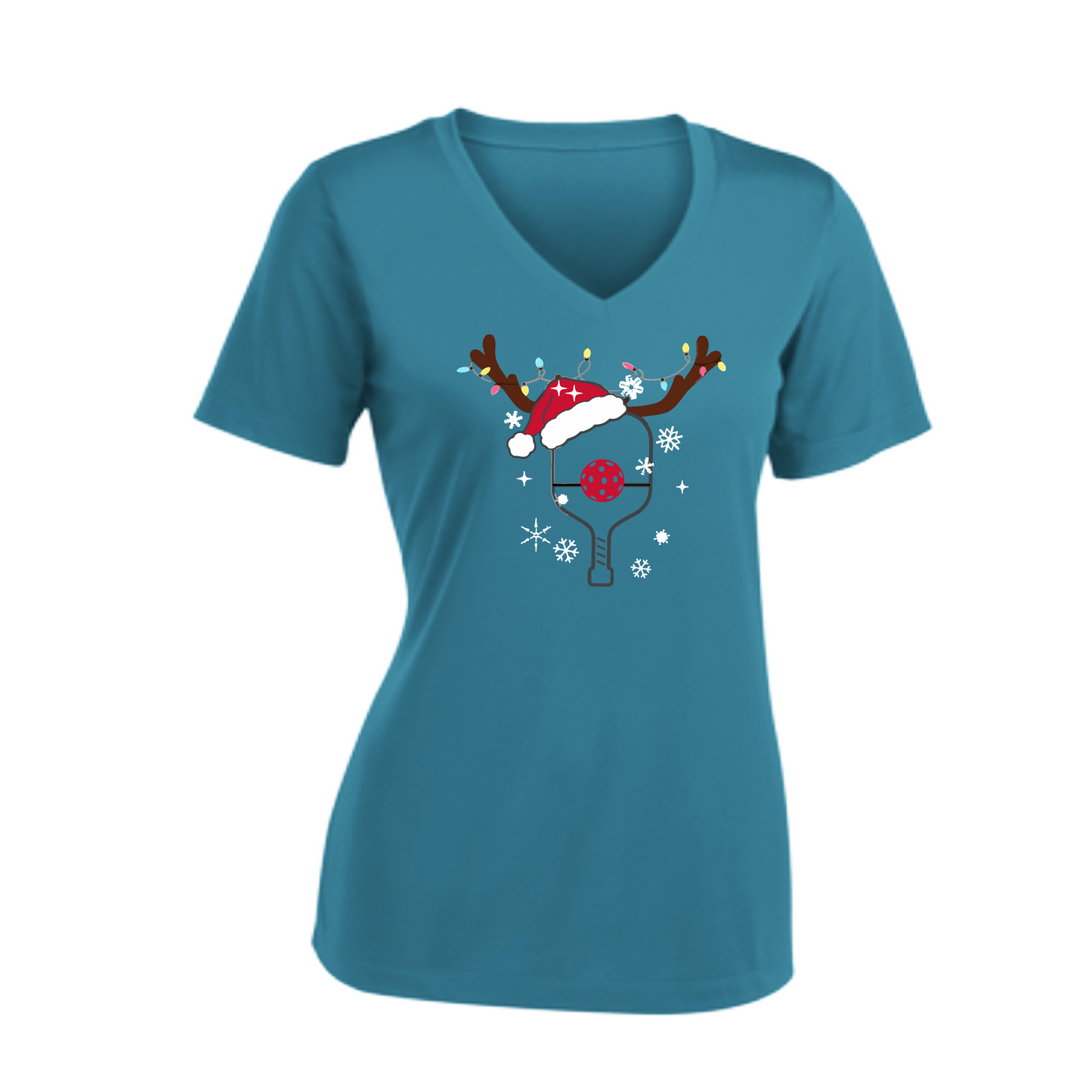 Rudolph The Pickling Reindeer Paddle | Women's Short Sleeve V-Neck Pickleball Shirts | 100% Polyester