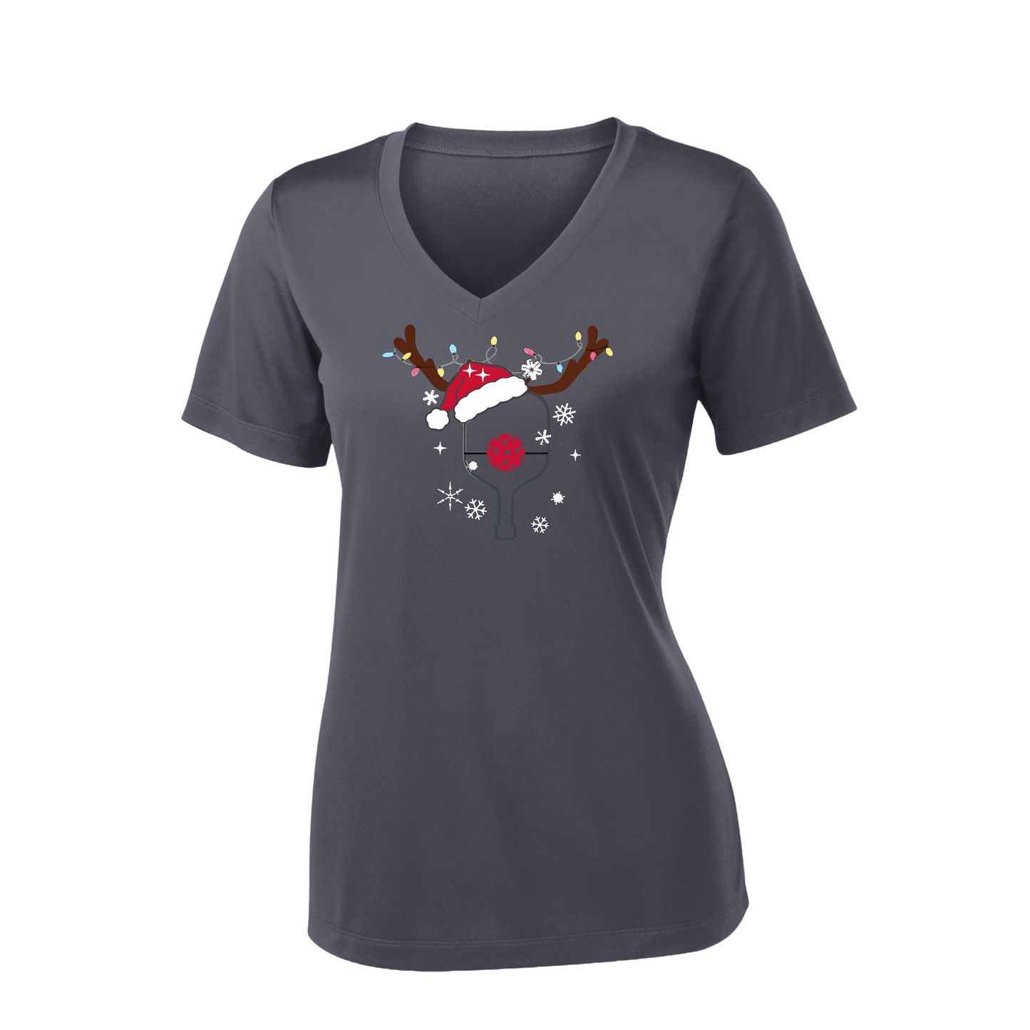 Rudolph The Pickling Reindeer Paddle | Women's Short Sleeve V-Neck Pickleball Shirts | 100% Polyester