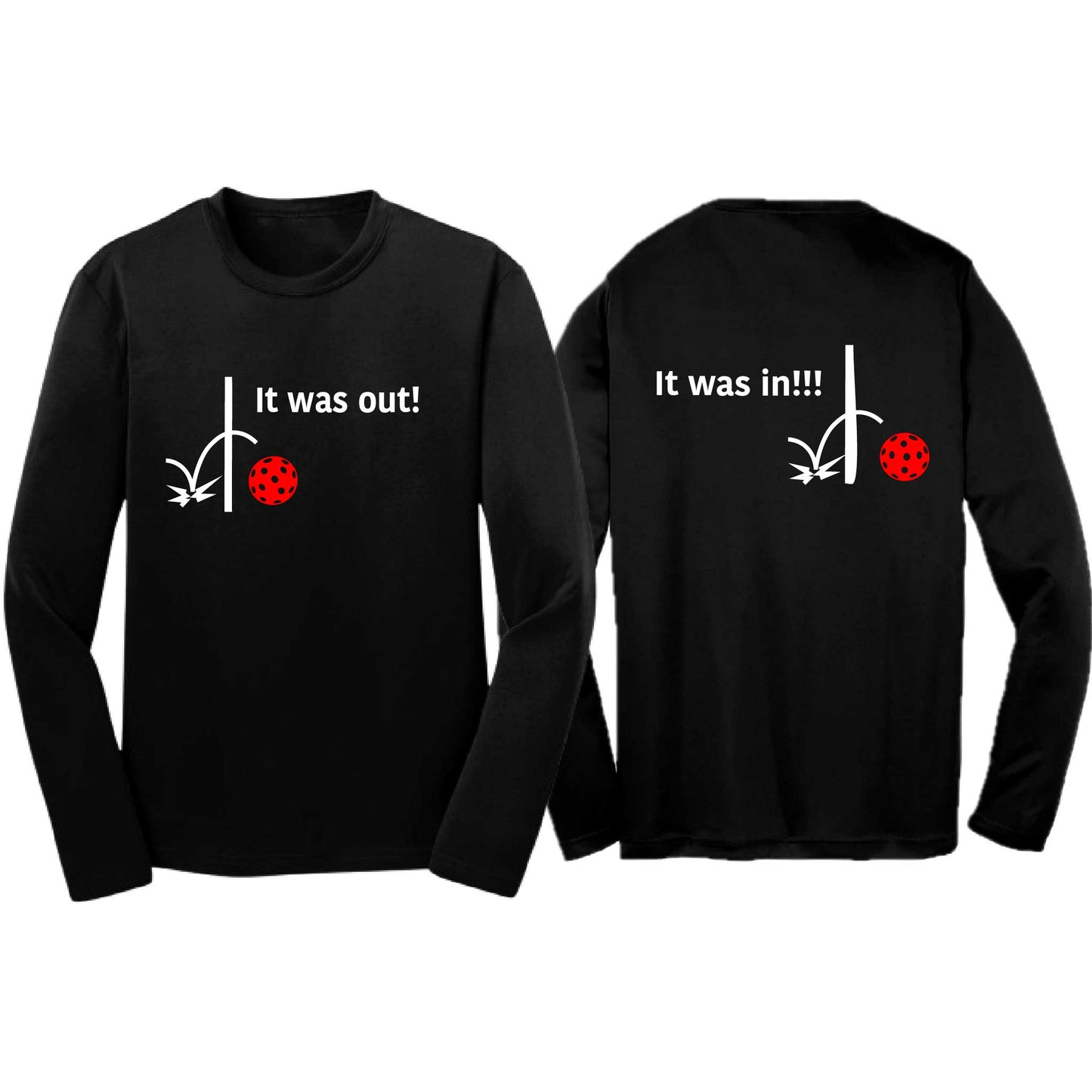It Was Out! It Was In! (Pickleballs Red White Yellow) | Youth Long Sleeve Pickleball T-Shirts | 100% Polyester