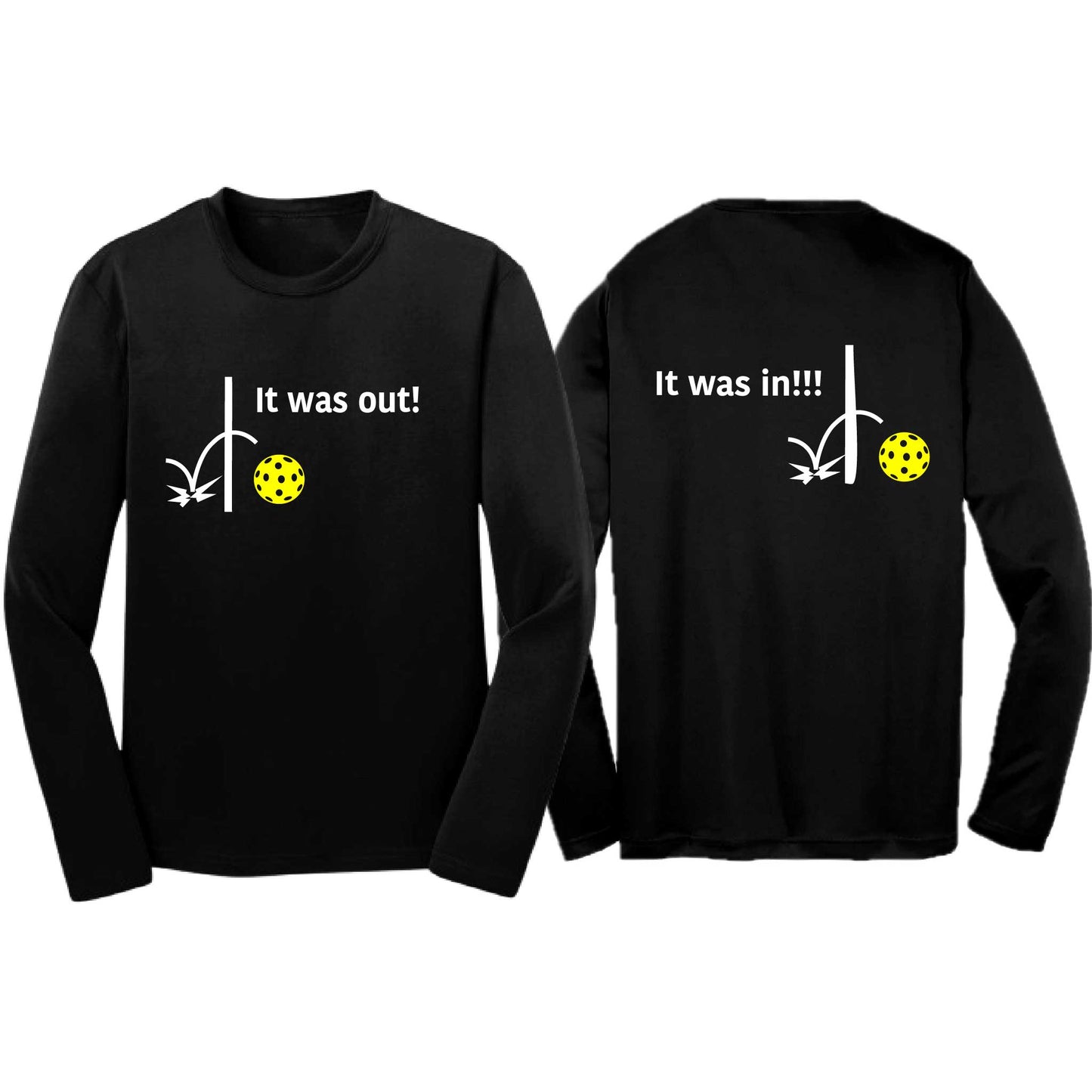 It Was Out! It Was In! (Pickleballs Red White Yellow) | Youth Long Sleeve Pickleball T-Shirts | 100% Polyester