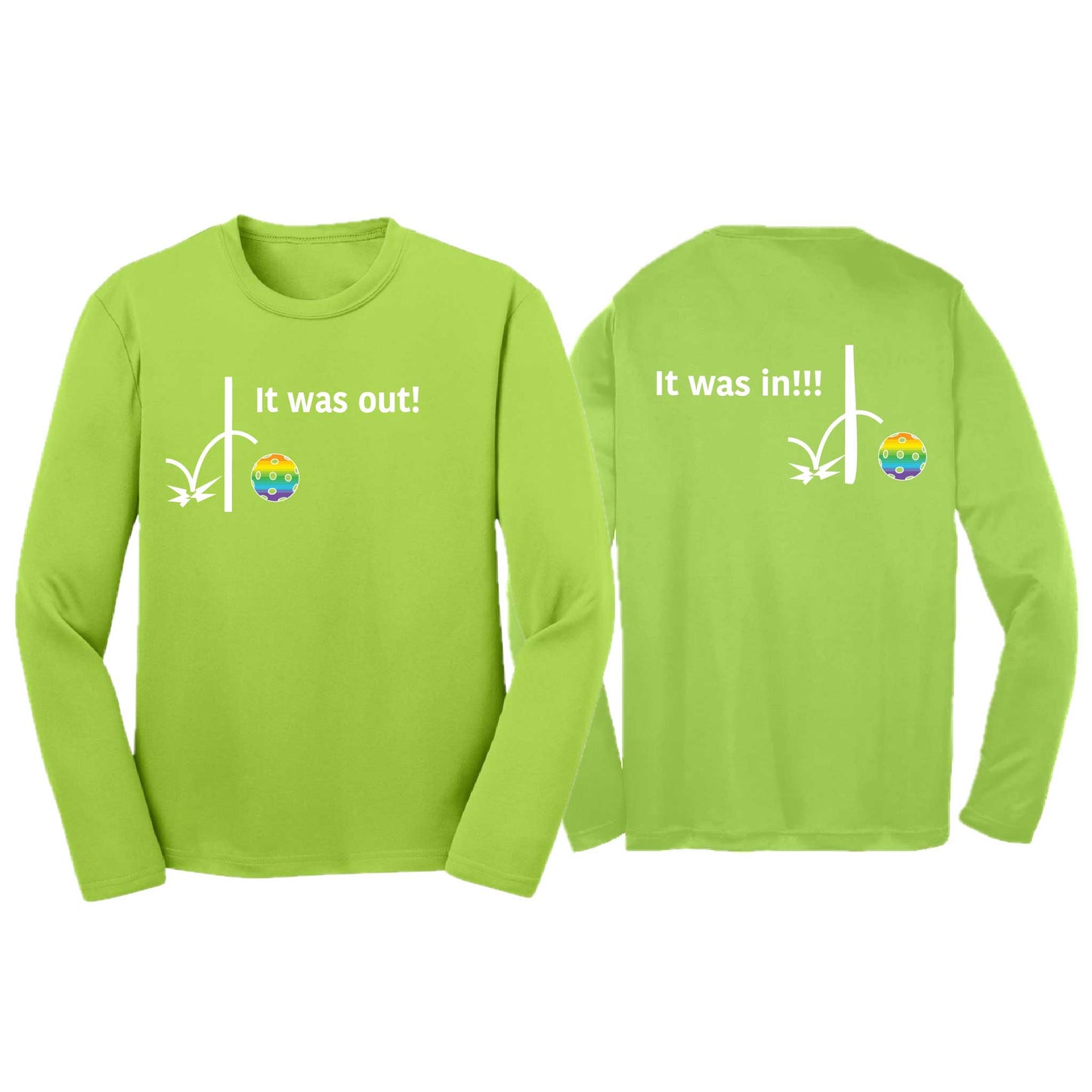It Was Out! It Was In! (Pickleballs Pink Purple Rainbow) | Youth Long Sleeve Pickleball T-Shirts | 100% Polyester