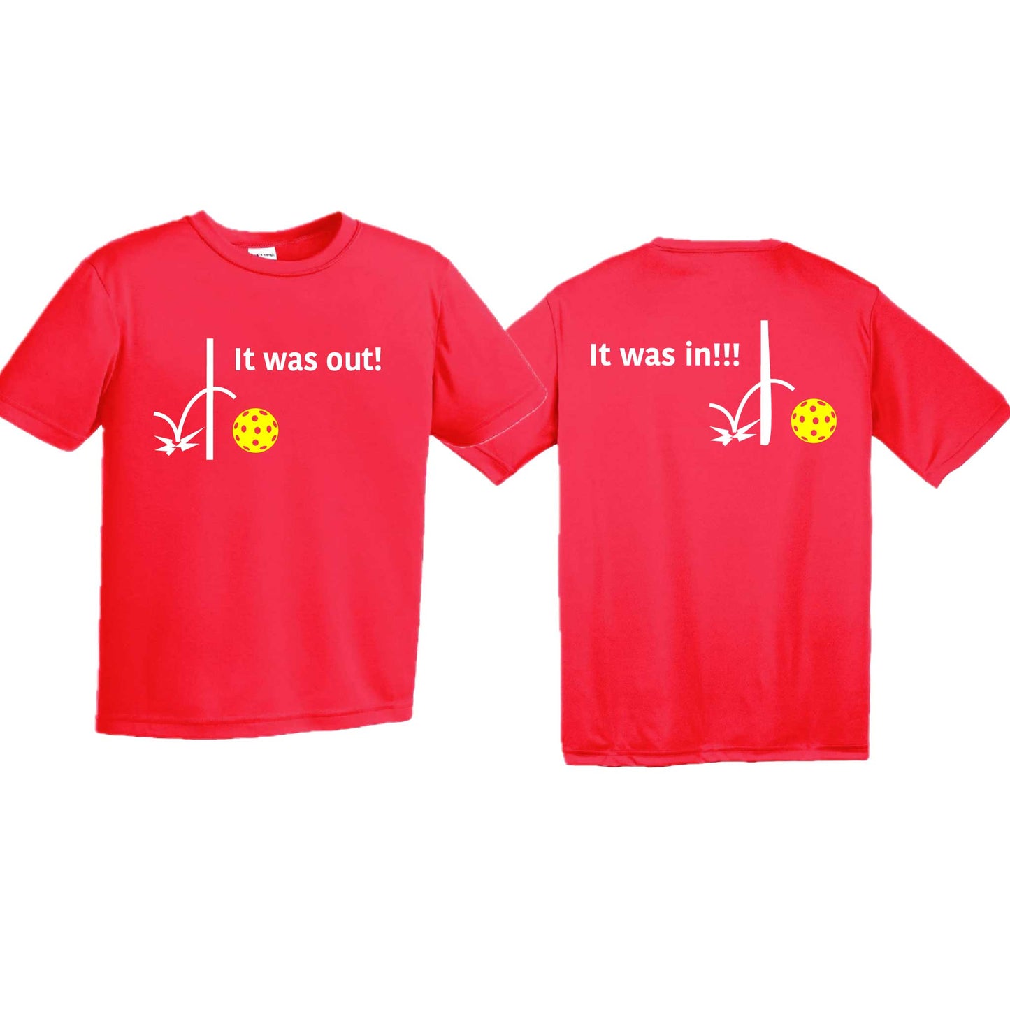 It Was Out! It Was In! (Pickleballs Red White Yellow) | Youth Short Sleeve Pickleball T-Shirts | 100% Polyester