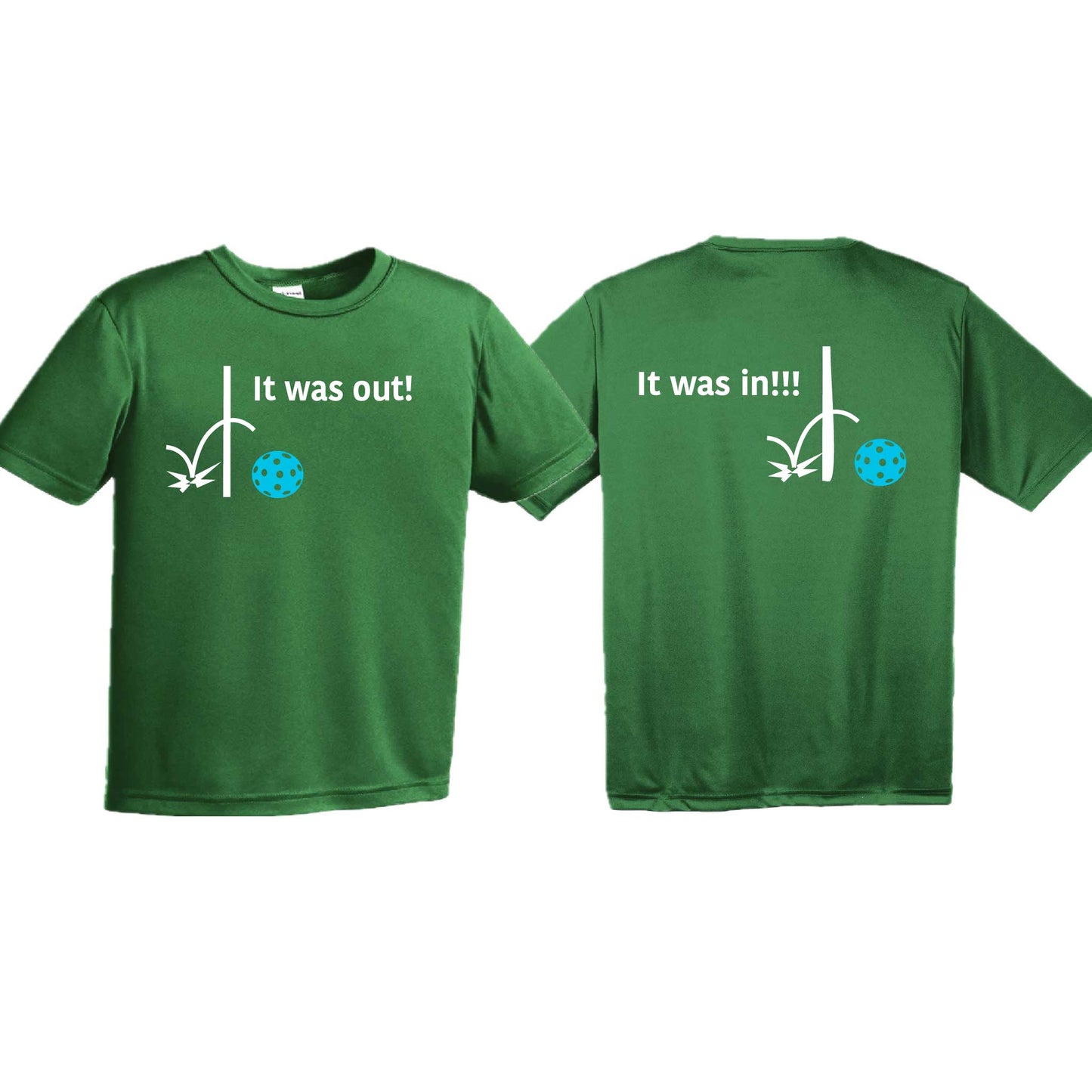 It Was Out! It Was In! (Pickleballs Cyan Green Orange) | Youth Short Sleeve Pickleball T-Shirts | 100% Polyester