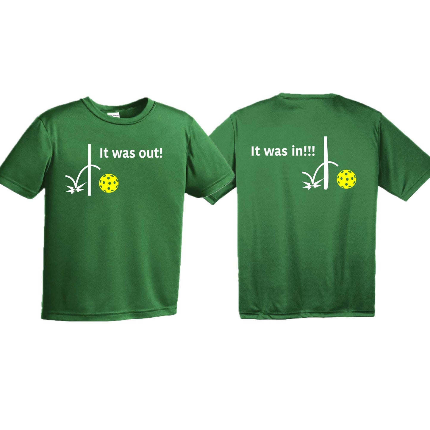 It Was Out! It Was In! (Pickleballs Red White Yellow) | Youth Short Sleeve Pickleball T-Shirts | 100% Polyester
