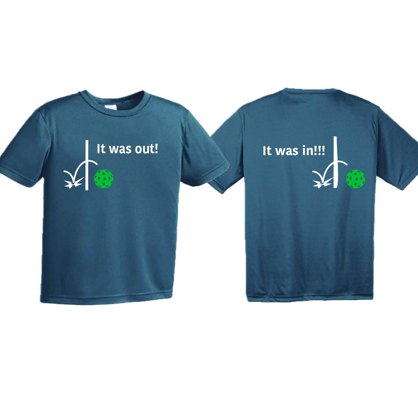 It Was Out! It Was In! (Pickleballs Cyan Green Orange) | Youth Short Sleeve Pickleball T-Shirts | 100% Polyester