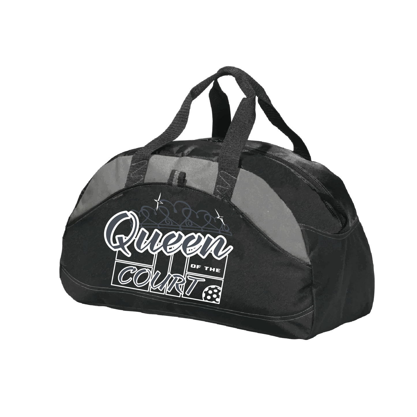 Pickleball Duffel Bag Design: Queen of the Court Carry your gear in comfort and style. This fun pickleball duffel bag is the perfect accessory for all pickleball players needing to keep their gear in one place. This medium sized duffel tote is ideal for all your pickleball activities. The large center compartment allows for plenty of space and the mesh end pocket is perfect for holding a water bottle.