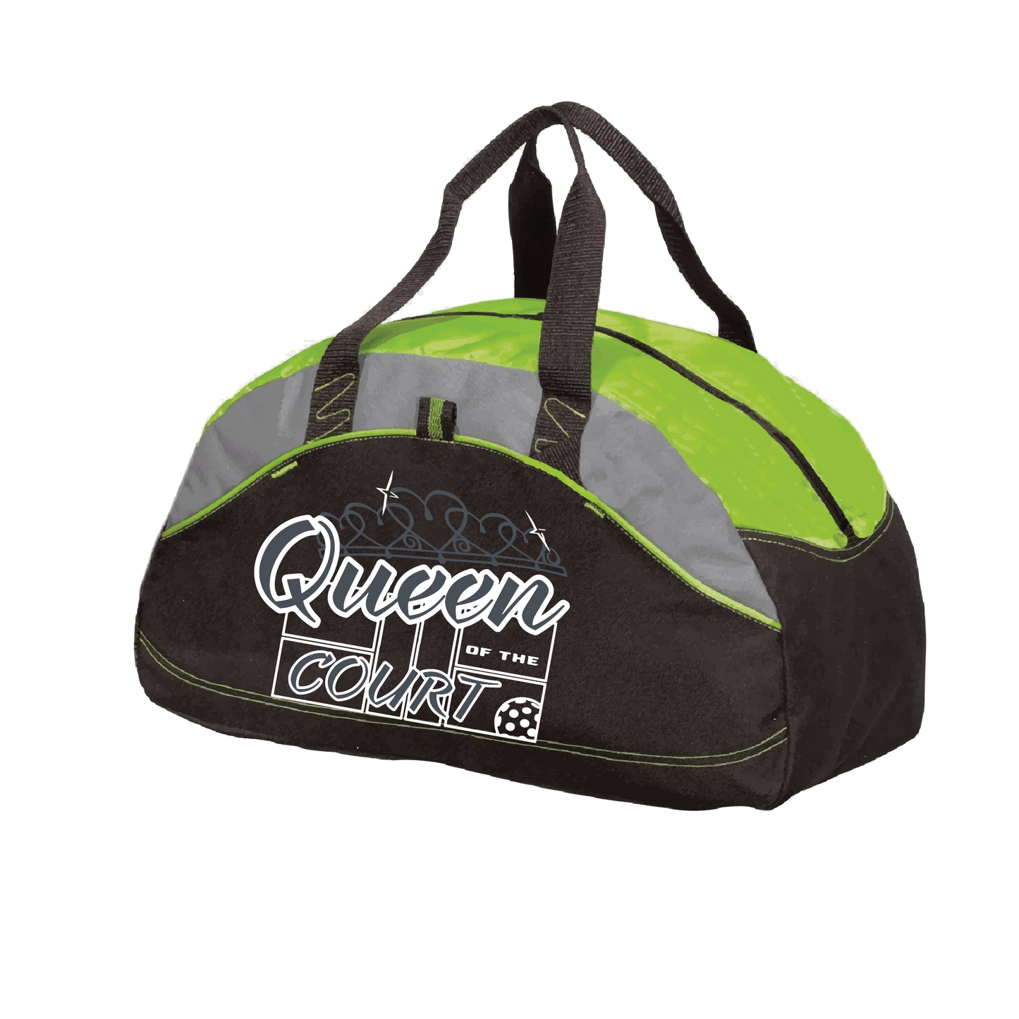 Pickleball Duffel Bag Design: Queen of the Court Carry your gear in comfort and style. This fun pickleball duffel bag is the perfect accessory for all pickleball players needing to keep their gear in one place. This medium sized duffel tote is ideal for all your pickleball activities. The large center compartment allows for plenty of space and the mesh end pocket is perfect for holding a water bottle.