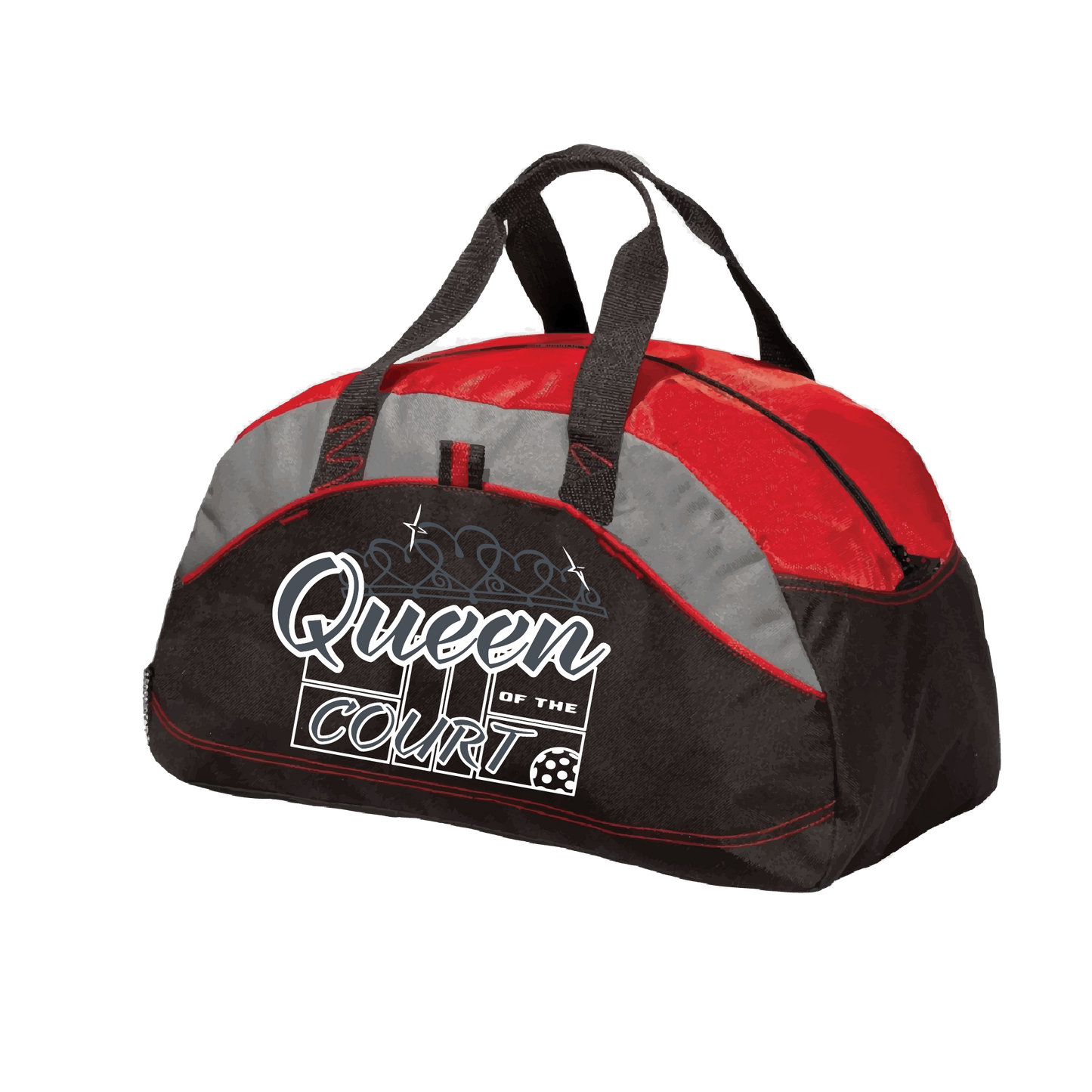 Pickleball Duffel Bag Design: Queen of the Court Carry your gear in comfort and style. This fun pickleball duffel bag is the perfect accessory for all pickleball players needing to keep their gear in one place. This medium sized duffel tote is ideal for all your pickleball activities. The large center compartment allows for plenty of space and the mesh end pocket is perfect for holding a water bottle.