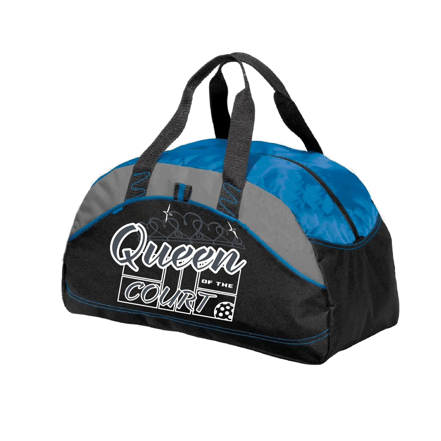 Pickleball Duffel Bag Design: Queen of the Court Carry your gear in comfort and style. This fun pickleball duffel bag is the perfect accessory for all pickleball players needing to keep their gear in one place. This medium sized duffel tote is ideal for all your pickleball activities. The large center compartment allows for plenty of space and the mesh end pocket is perfect for holding a water bottle.