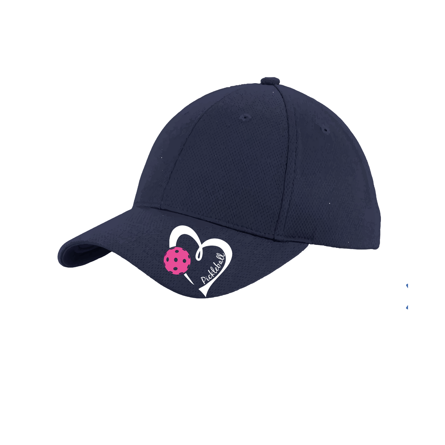 Pickleball Hat Design: Pickleball Heart This fun pickleball hat is the perfect accessory for all pickleball players needing to keep their focus on the game and not the sun. The moisture-wicking material is made of 100% polyester with closed-hole flat back mesh and PosiCharge Technology. The back closure is a hock and loop style made to adjust to every adult.