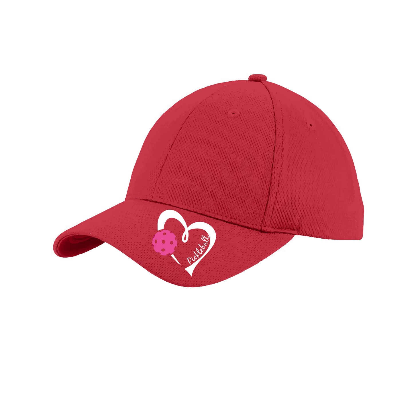 Pickleball Hat Design: Pickleball Heart This fun pickleball hat is the perfect accessory for all pickleball players needing to keep their focus on the game and not the sun. The moisture-wicking material is made of 100% polyester with closed-hole flat back mesh and PosiCharge Technology. The back closure is a hock and loop style made to adjust to every adult.