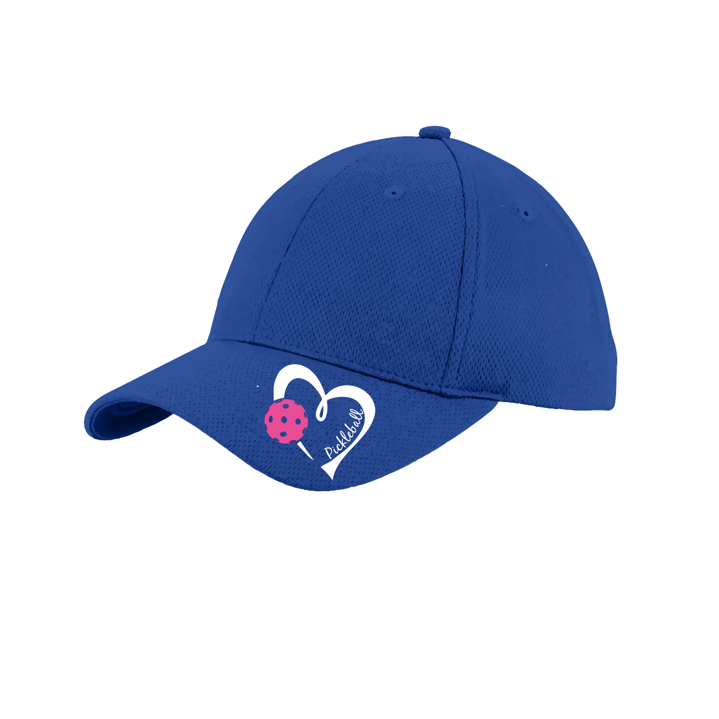 Pickleball Hat Design: Pickleball Heart This fun pickleball hat is the perfect accessory for all pickleball players needing to keep their focus on the game and not the sun. The moisture-wicking material is made of 100% polyester with closed-hole flat back mesh and PosiCharge Technology. The back closure is a hock and loop style made to adjust to every adult.