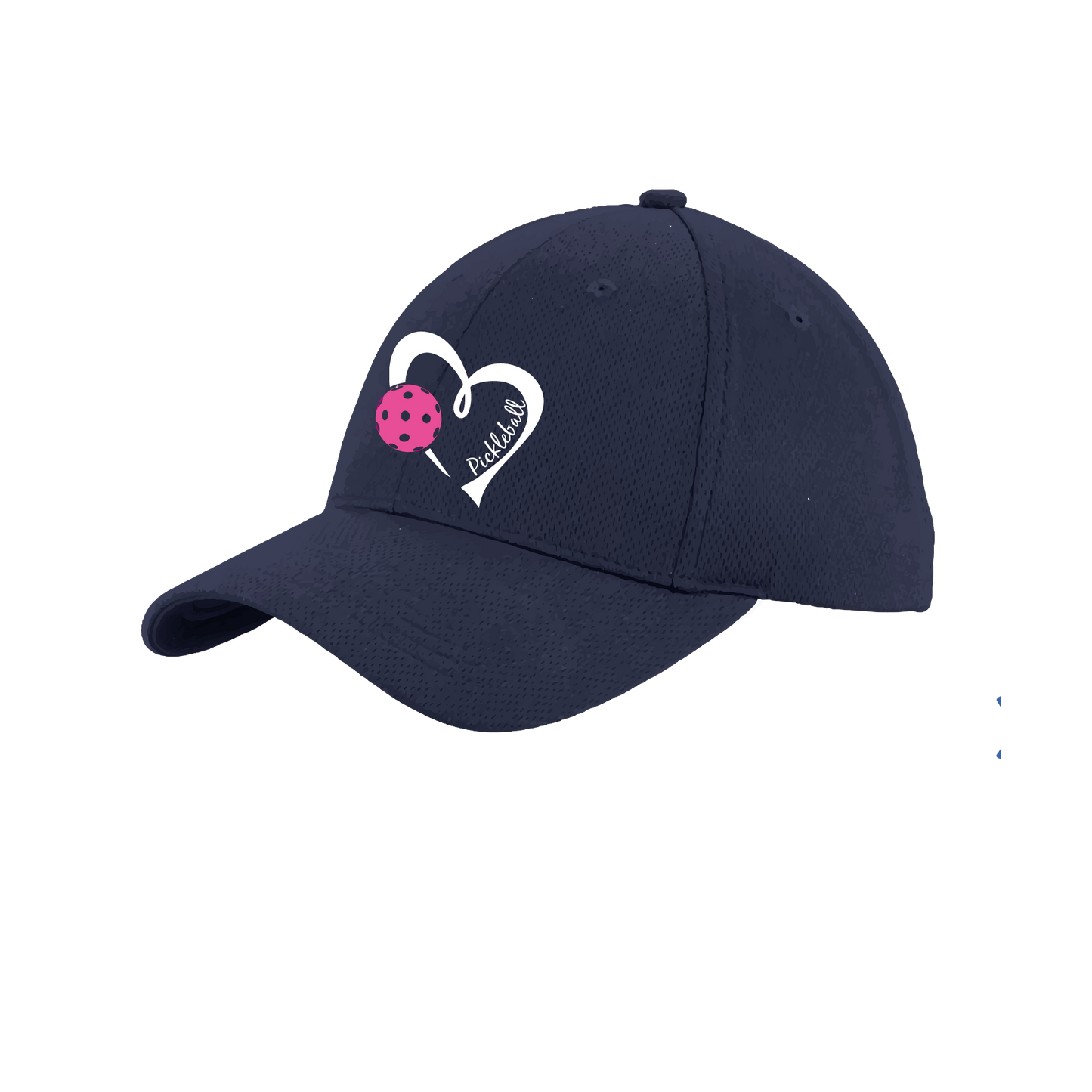 Pickleball Hat Design: Pickleball Heart This fun pickleball hat is the perfect accessory for all pickleball players needing to keep their focus on the game and not the sun. The moisture-wicking material is made of 100% polyester with closed-hole flat back mesh and PosiCharge Technology. The back closure is a hock and loop style made to adjust to every adult.