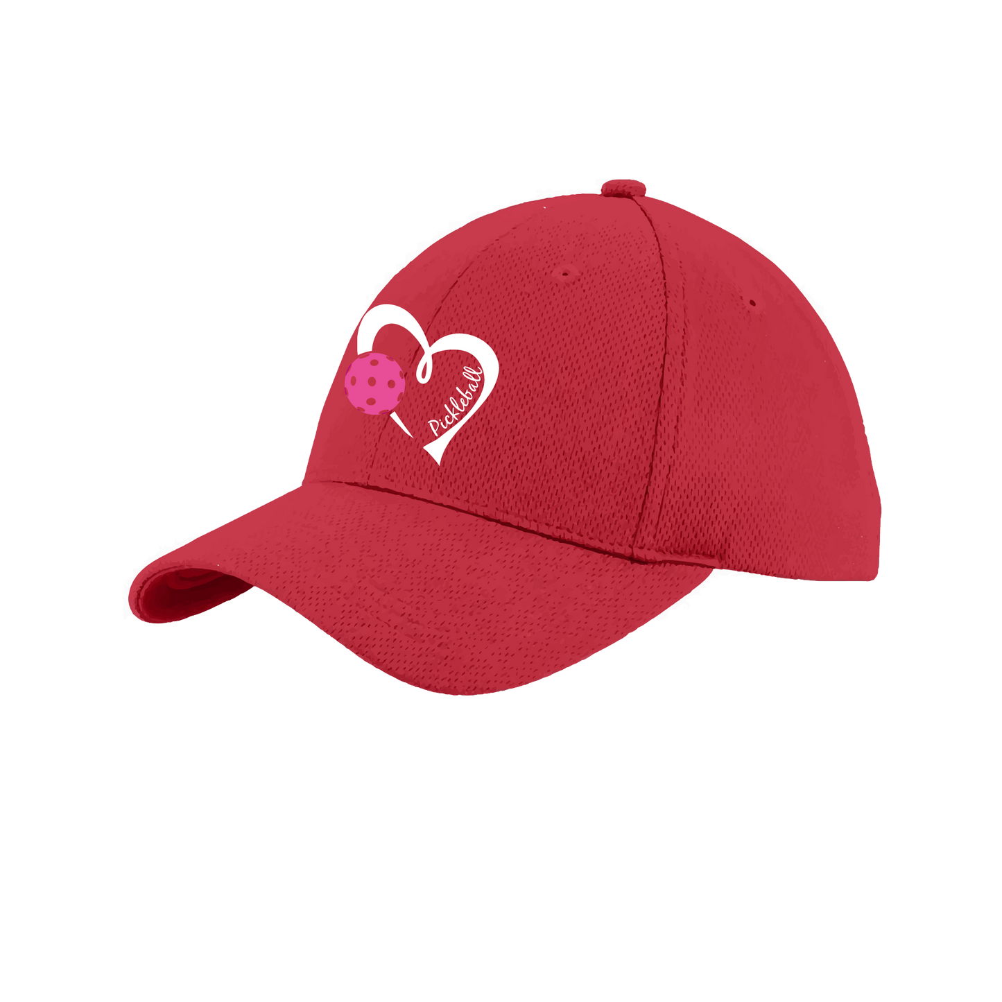 Pickleball Hat Design: Pickleball Heart This fun pickleball hat is the perfect accessory for all pickleball players needing to keep their focus on the game and not the sun. The moisture-wicking material is made of 100% polyester with closed-hole flat back mesh and PosiCharge Technology. The back closure is a hock and loop style made to adjust to every adult.