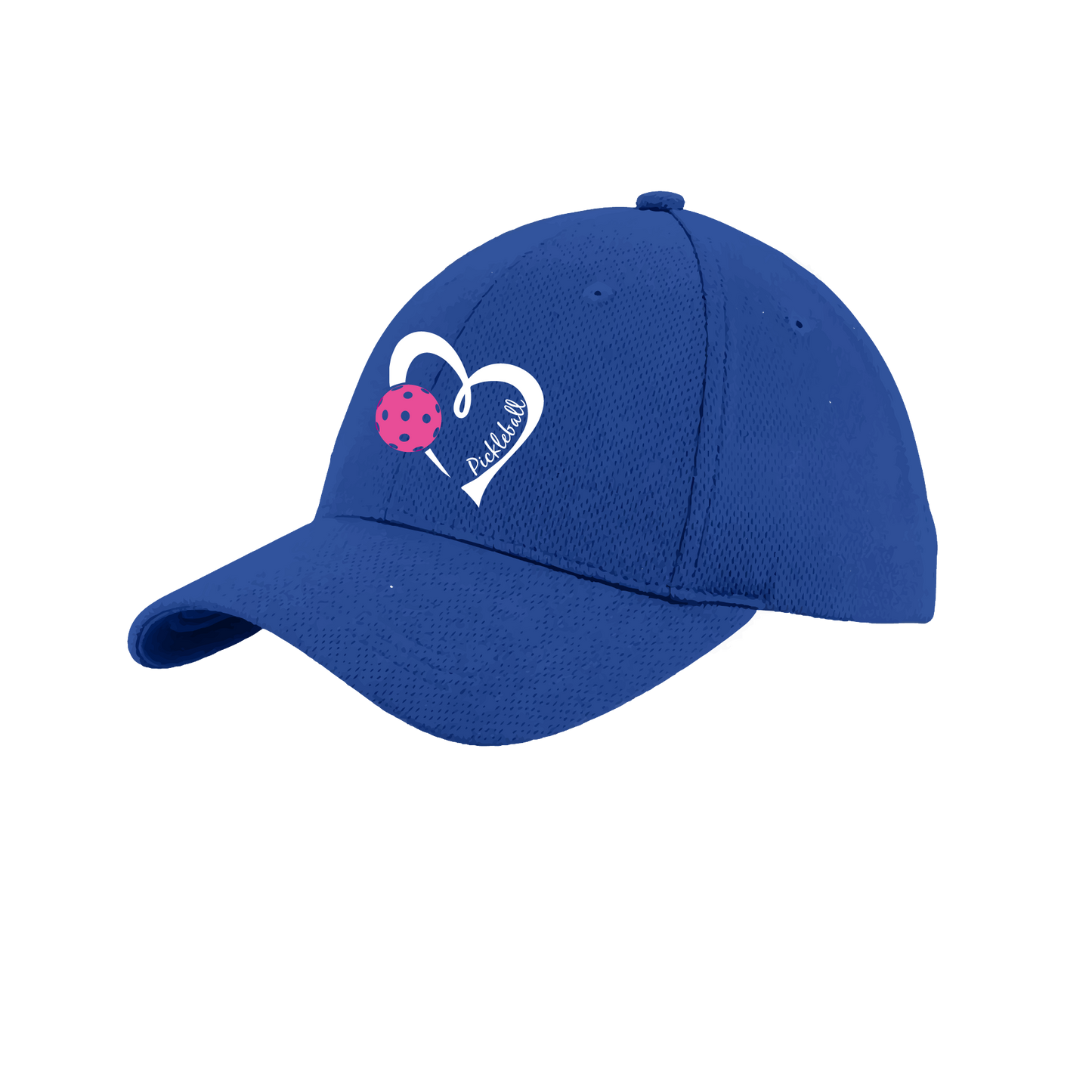 Pickleball Hat Design: Pickleball Heart This fun pickleball hat is the perfect accessory for all pickleball players needing to keep their focus on the game and not the sun. The moisture-wicking material is made of 100% polyester with closed-hole flat back mesh and PosiCharge Technology. The back closure is a hock and loop style made to adjust to every adult.