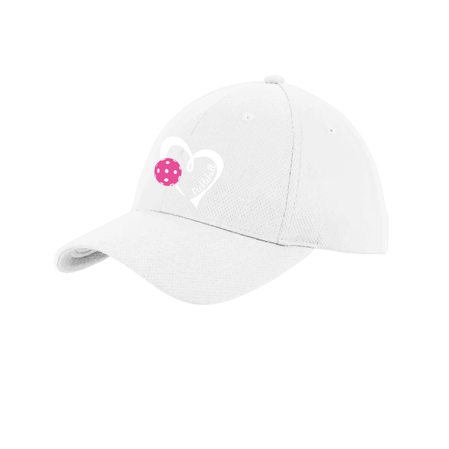 Pickleball Hat Design: Pickleball Heart This fun pickleball hat is the perfect accessory for all pickleball players needing to keep their focus on the game and not the sun. The moisture-wicking material is made of 100% polyester with closed-hole flat back mesh and PosiCharge Technology. The back closure is a hock and loop style made to adjust to every adult.