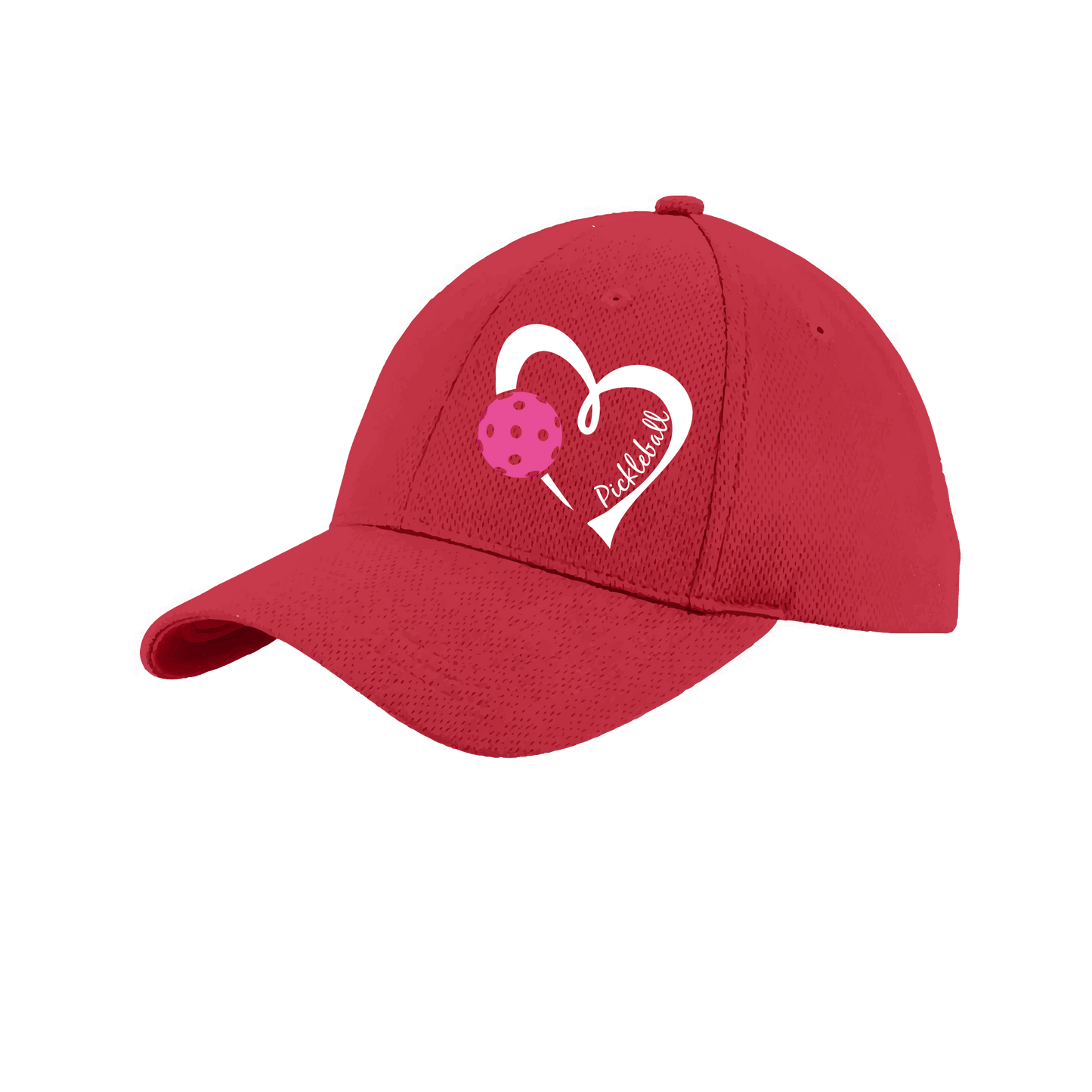Pickleball Hat Design: Pickleball Heart This fun pickleball hat is the perfect accessory for all pickleball players needing to keep their focus on the game and not the sun. The moisture-wicking material is made of 100% polyester with closed-hole flat back mesh and PosiCharge Technology. The back closure is a hock and loop style made to adjust to every adult.