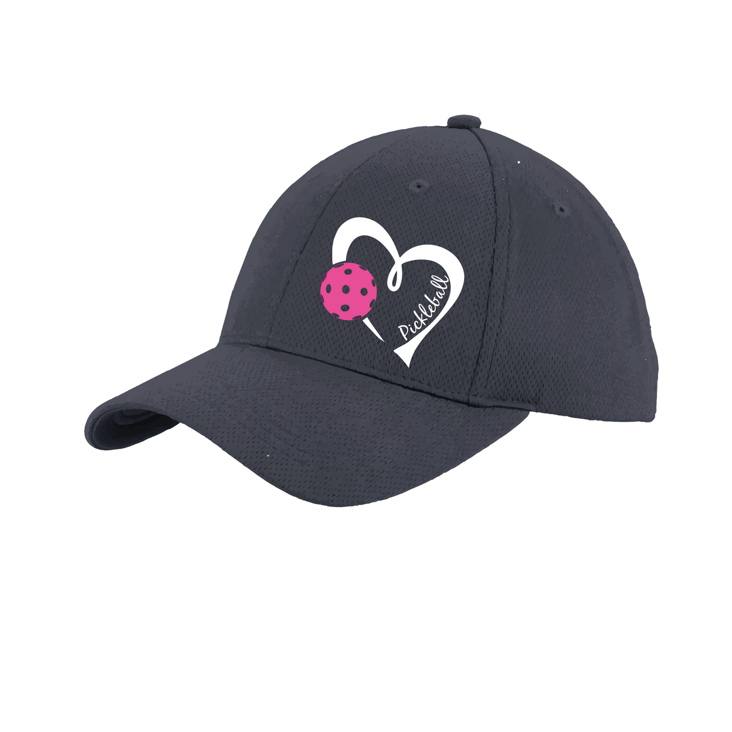 Pickleball Hat Design: Pickleball Heart This fun pickleball hat is the perfect accessory for all pickleball players needing to keep their focus on the game and not the sun. The moisture-wicking material is made of 100% polyester with closed-hole flat back mesh and PosiCharge Technology. The back closure is a hock and loop style made to adjust to every adult.