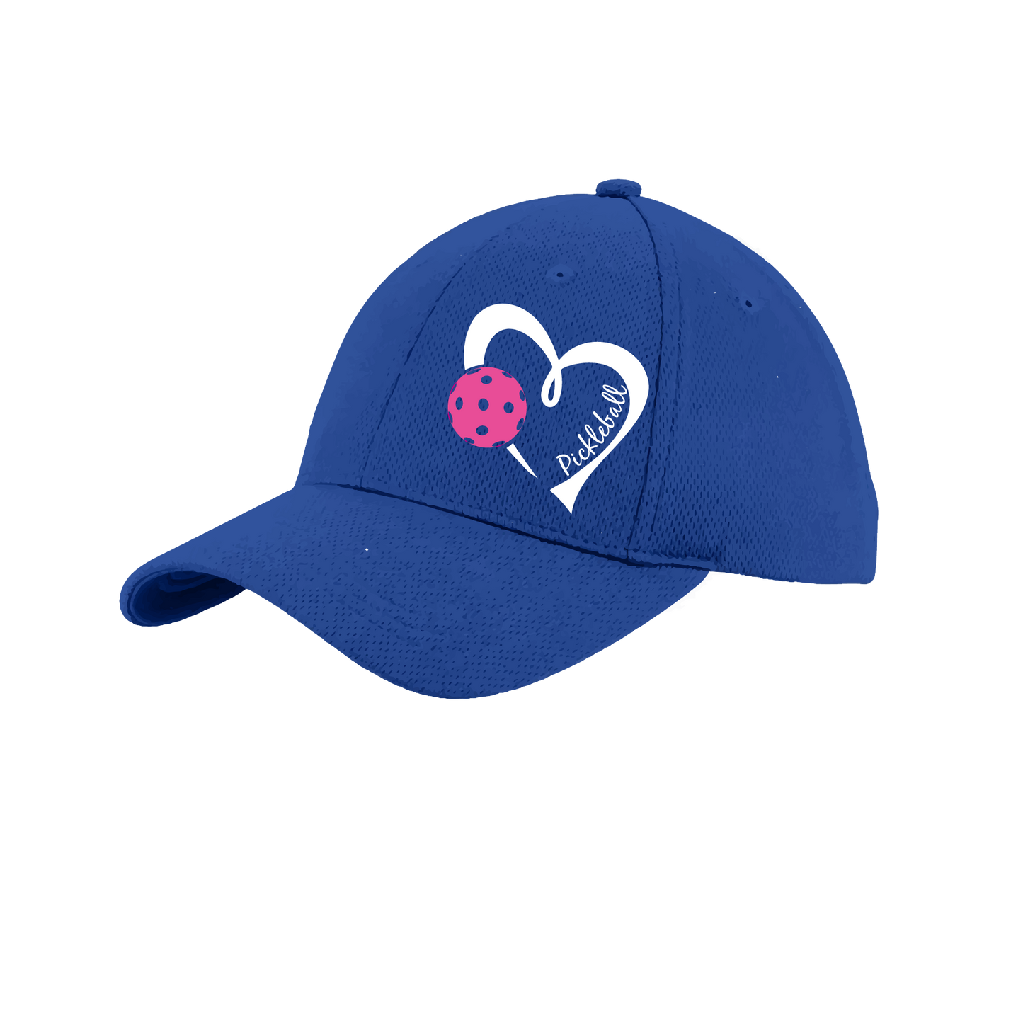Pickleball Hat Design: Pickleball Heart This fun pickleball hat is the perfect accessory for all pickleball players needing to keep their focus on the game and not the sun. The moisture-wicking material is made of 100% polyester with closed-hole flat back mesh and PosiCharge Technology. The back closure is a hock and loop style made to adjust to every adult.