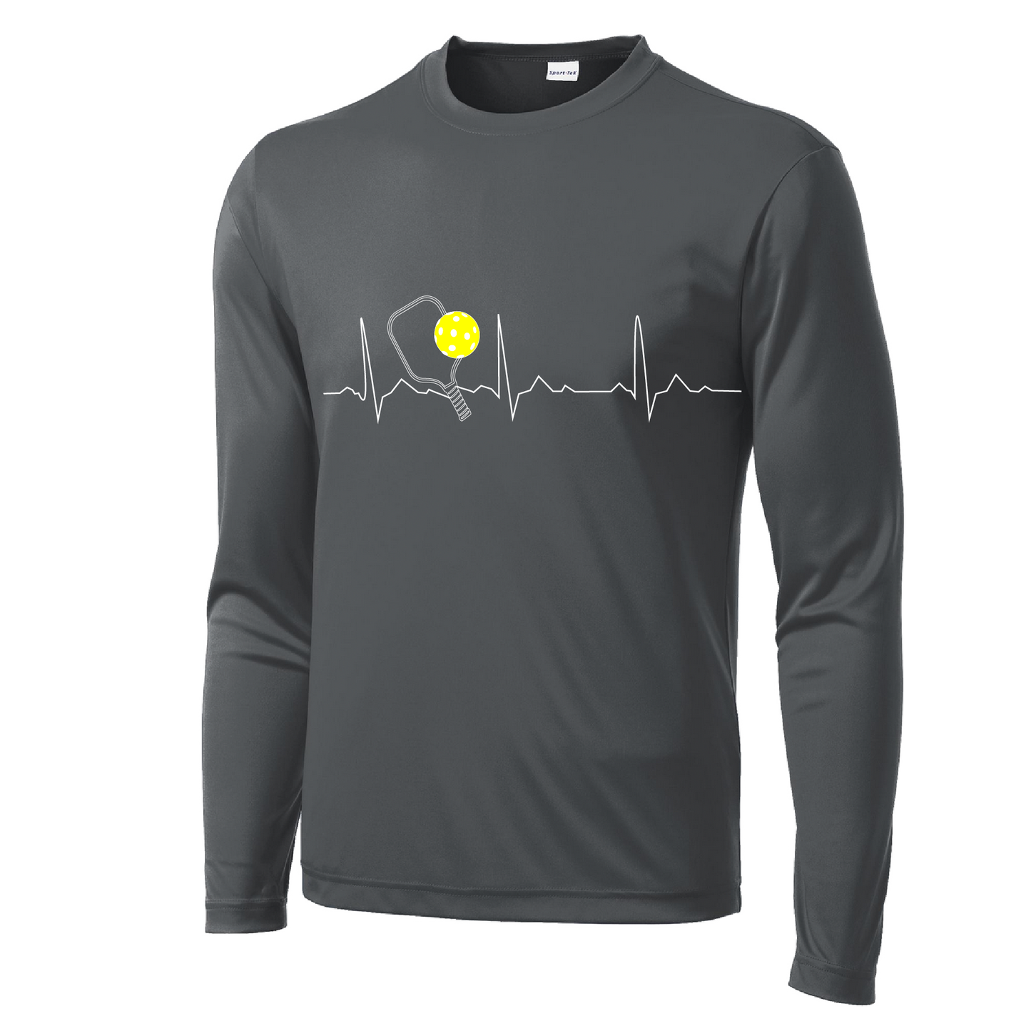 Pickleball Design: Heartbeat Men's Style: Long Sleeve Shirts are lightweight, roomy and highly breathable. These moisture-wicking shirts are designed for athletic performance. They feature PosiCharge technology to lock in color and prevent logos from fading. Removable tag and set-in sleeves for comfort.