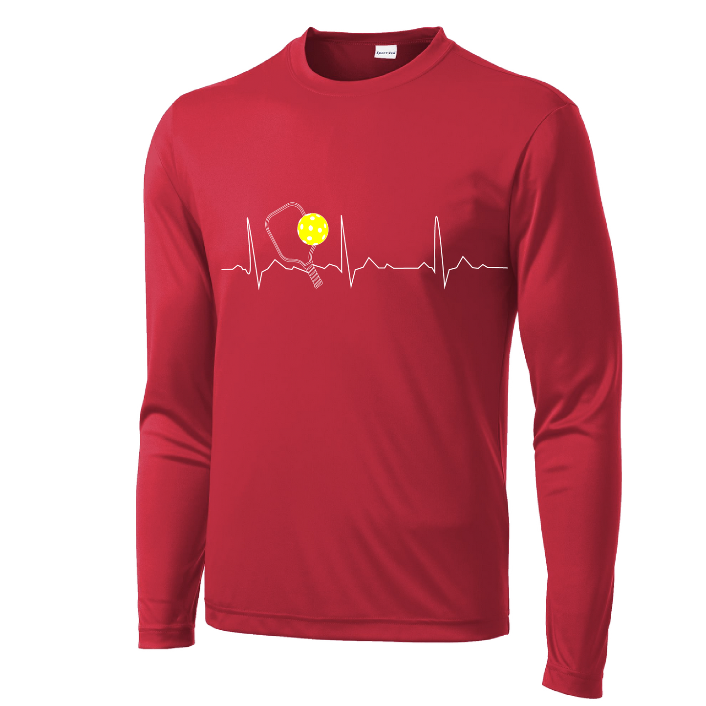 Pickleball Design: Heartbeat Men's Style: Long Sleeve Shirts are lightweight, roomy and highly breathable. These moisture-wicking shirts are designed for athletic performance. They feature PosiCharge technology to lock in color and prevent logos from fading. Removable tag and set-in sleeves for comfort.