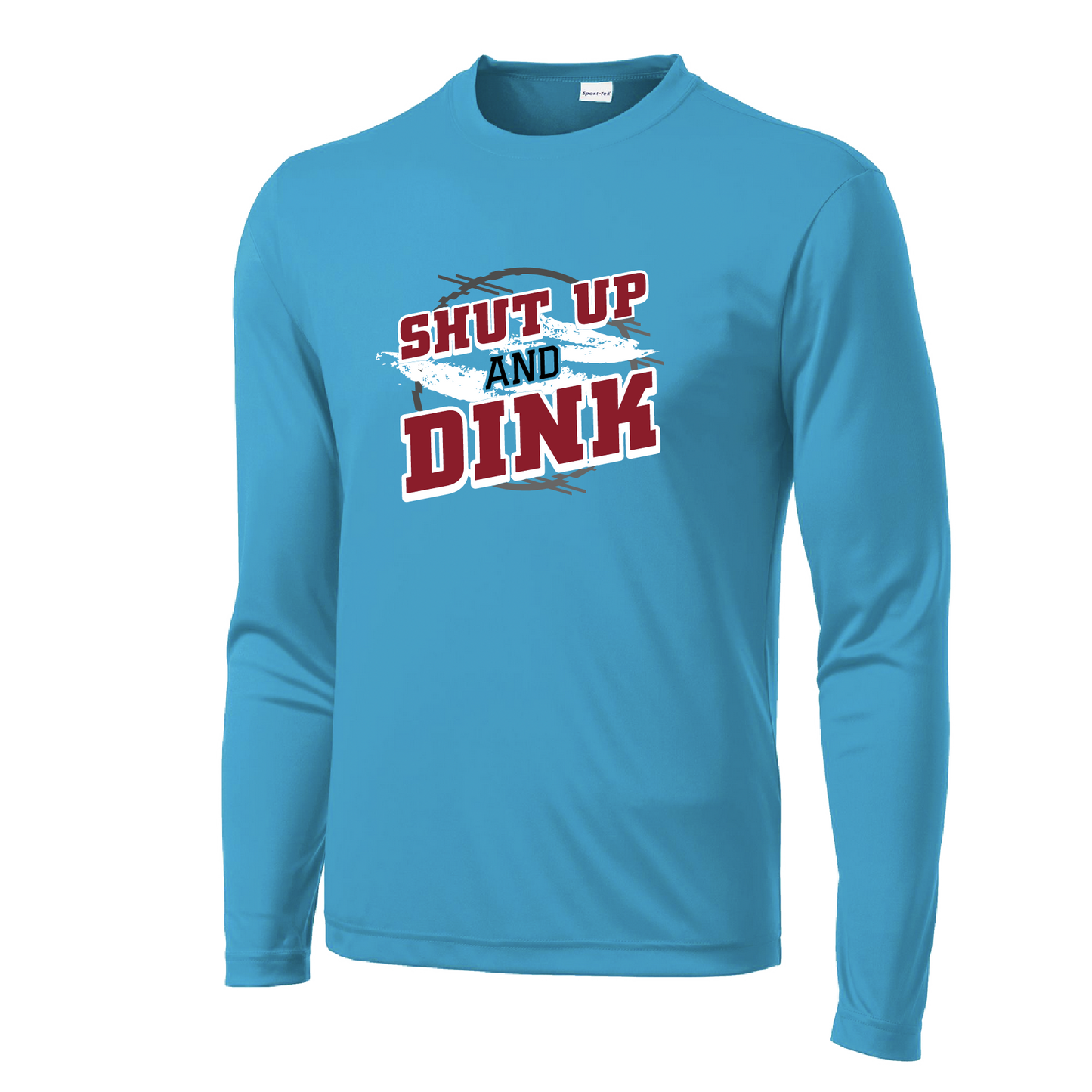 Pickleball Design: Shut up and Dink Men's Styles: Long-Sleeve Shirts are lightweight, roomy and highly breathable. These moisture-wicking shirts are designed for athletic performance. They feature PosiCharge technology to lock in color and prevent logos from fading. Removable tag and set-in sleeves for comfort.