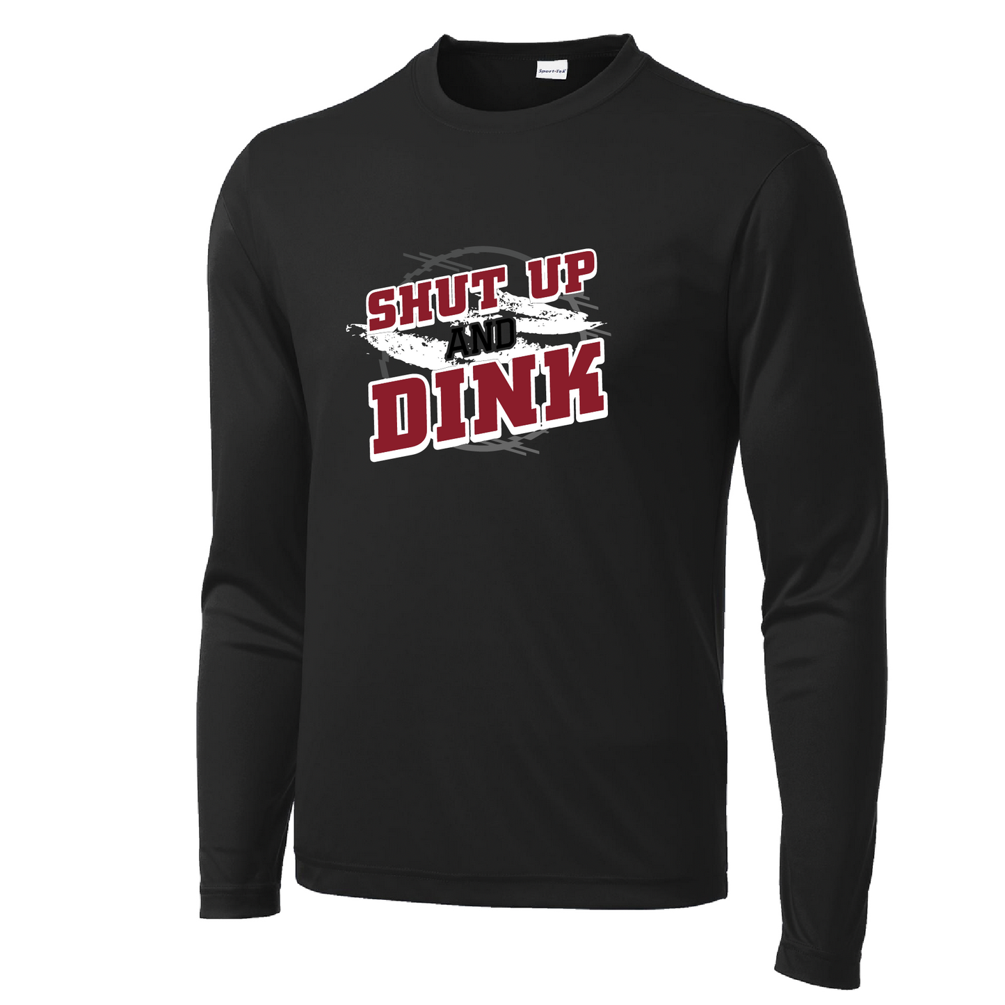Pickleball Design: Shut up and Dink Men's Styles: Long-Sleeve Shirts are lightweight, roomy and highly breathable. These moisture-wicking shirts are designed for athletic performance. They feature PosiCharge technology to lock in color and prevent logos from fading. Removable tag and set-in sleeves for comfort.