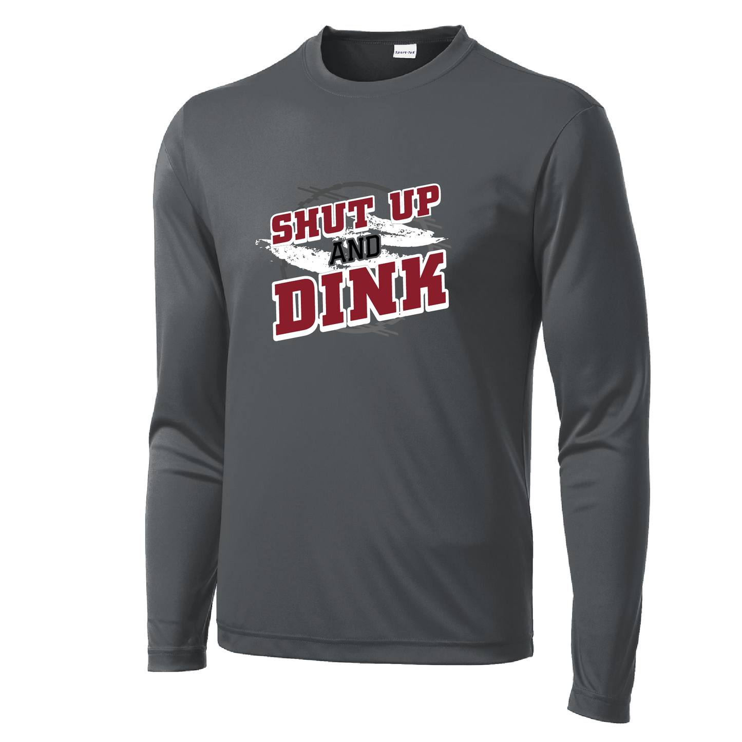 Pickleball Design: Shut up and Dink Men's Styles: Long-Sleeve Shirts are lightweight, roomy and highly breathable. These moisture-wicking shirts are designed for athletic performance. They feature PosiCharge technology to lock in color and prevent logos from fading. Removable tag and set-in sleeves for comfort.