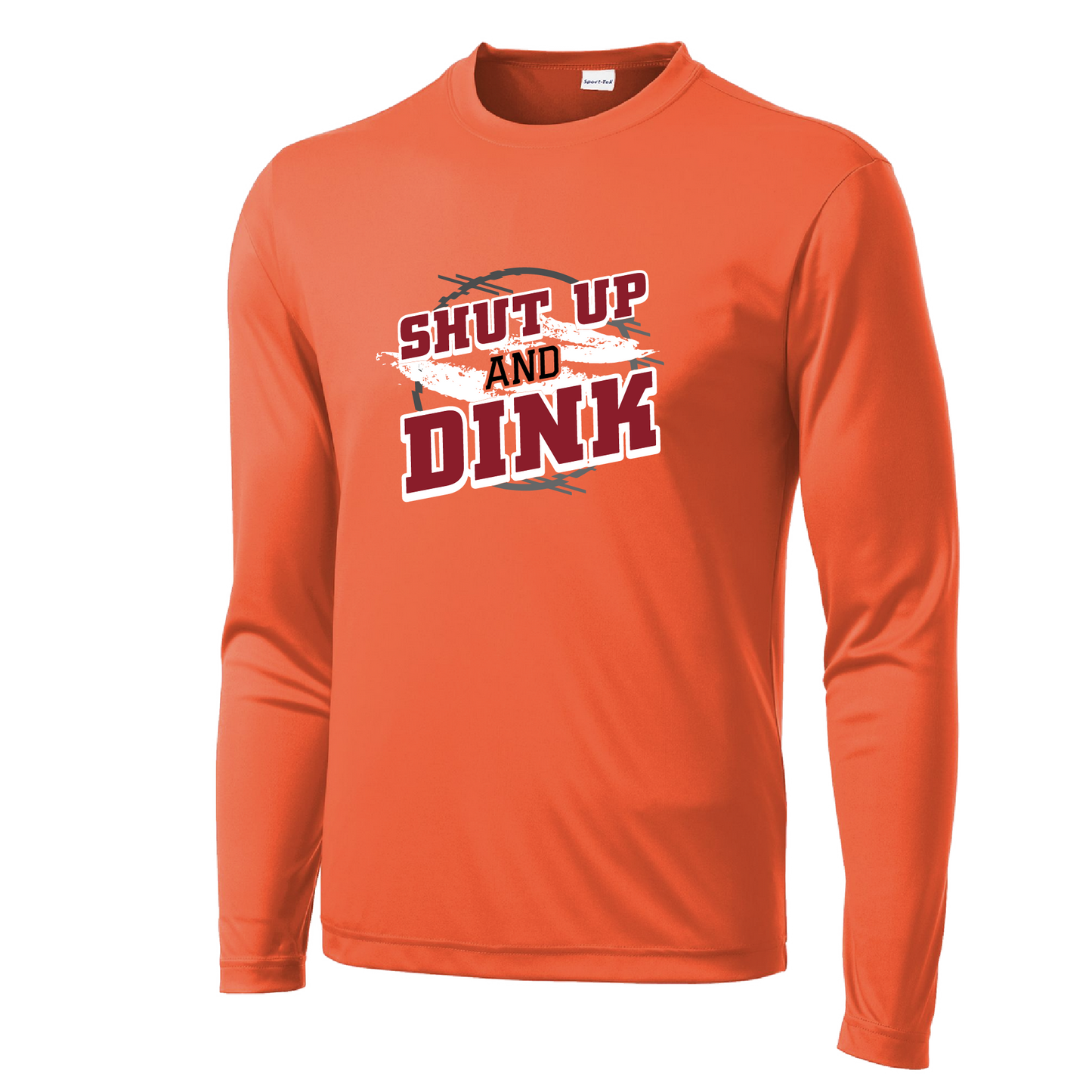 Pickleball Design: Shut up and Dink Men's Styles: Long-Sleeve Shirts are lightweight, roomy and highly breathable. These moisture-wicking shirts are designed for athletic performance. They feature PosiCharge technology to lock in color and prevent logos from fading. Removable tag and set-in sleeves for comfort.