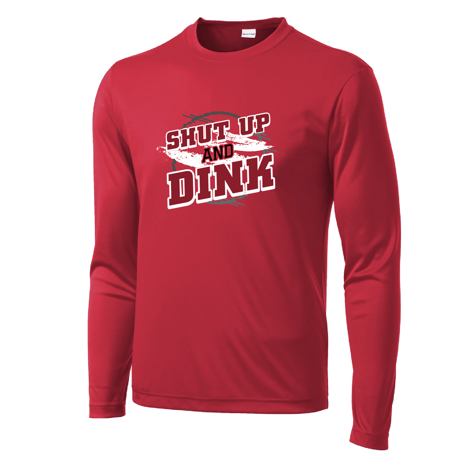 Pickleball Design: Shut up and Dink Men's Styles: Long-Sleeve Shirts are lightweight, roomy and highly breathable. These moisture-wicking shirts are designed for athletic performance. They feature PosiCharge technology to lock in color and prevent logos from fading. Removable tag and set-in sleeves for comfort.