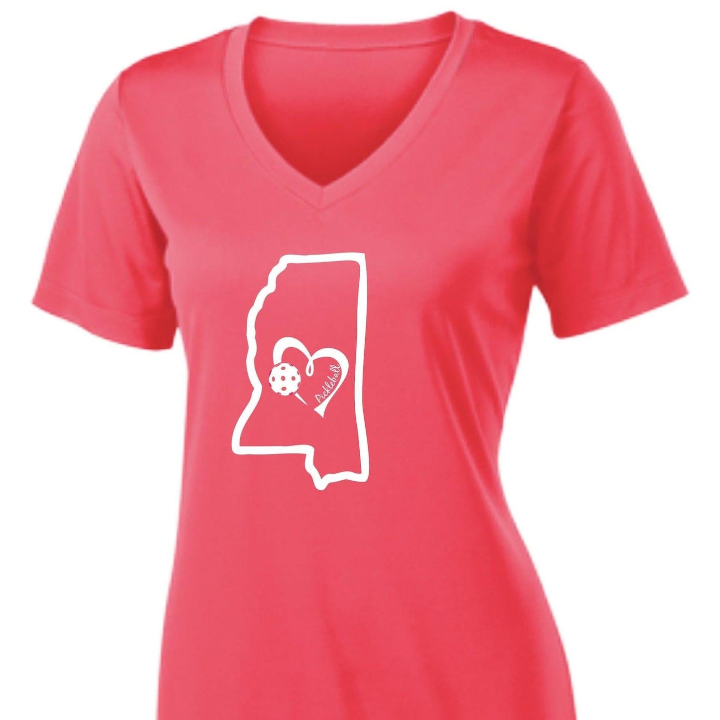 Mississippi State With Pickleball Love | Women's Short Sleeve V-Neck Pickleball Performance T-Shirts | 100% Polyester
