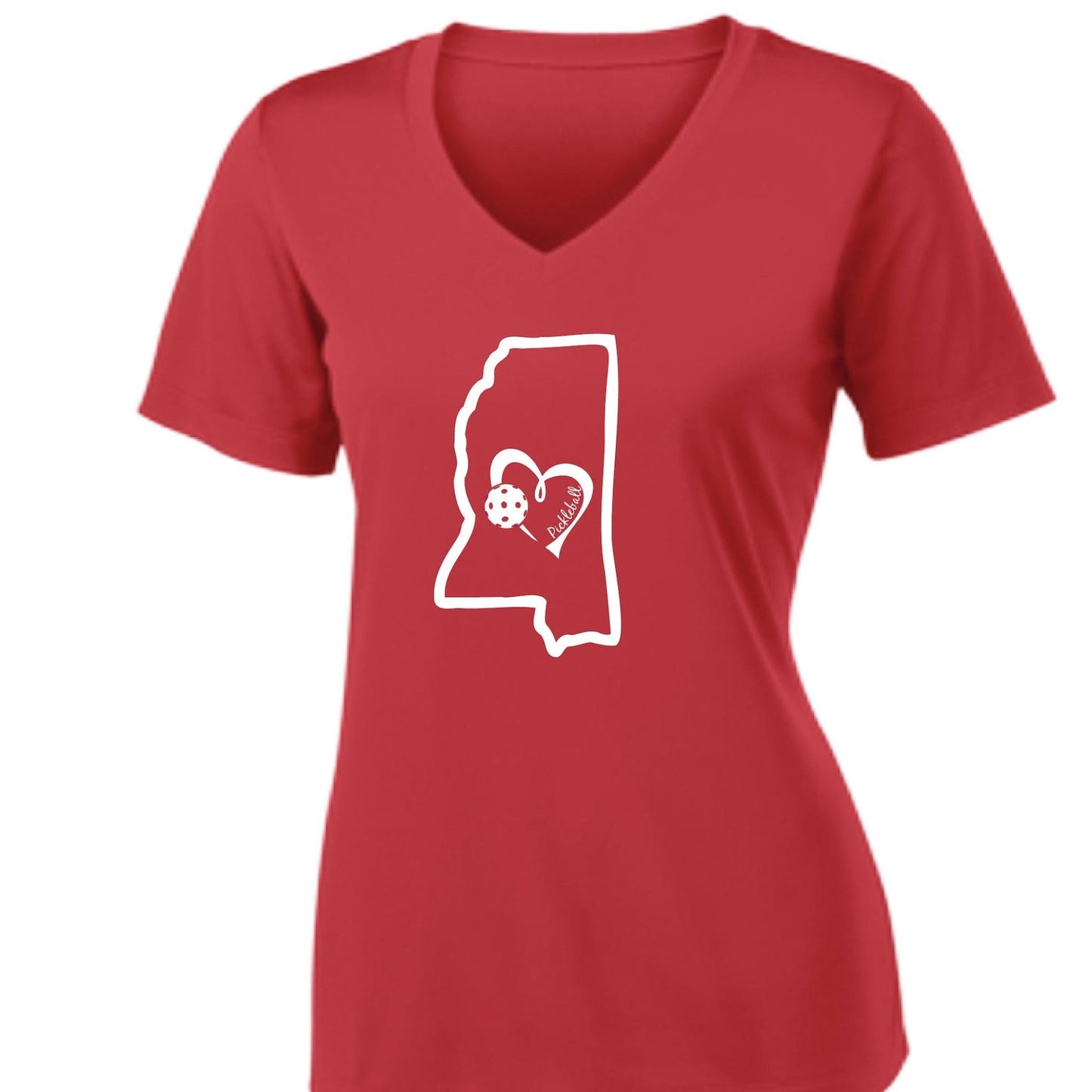 Mississippi State With Pickleball Love | Women's Short Sleeve V-Neck Pickleball Performance T-Shirts | 100% Polyester