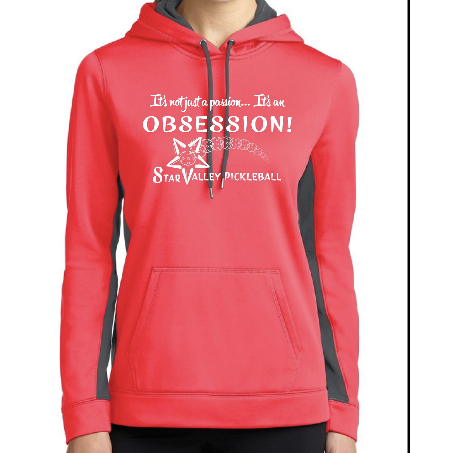 Star Valley Pickleball Tournament Sweatshirt - Women's Fitted Hoodie Sweatshirts for Pickleball Color: Hot Coral Pickleball is a one of a kind sport, and you need to have one of kind designs to stand out on the court. Dink Dink Smash offers those designs for you. Bold colorblocking in the hood and on the sides make this anti-static pullover stand out from the crowd, while Sport-Wick moisture-wicking technology helps keep you cool and dry.. Gently contoured silhouette.