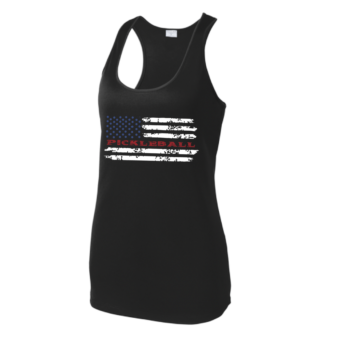 Pickleball Design: Pickleball Flag Horizontal or Vertical on Front of Shirt Women's Style: Racerback Tank Turn up the volume in this Women's shirt with its perfect mix of softness and attitude. Material is ultra-comfortable with moisture wicking properties and tri-blend softness. PosiCharge technology locks in color. Highly breathable and lightweight.