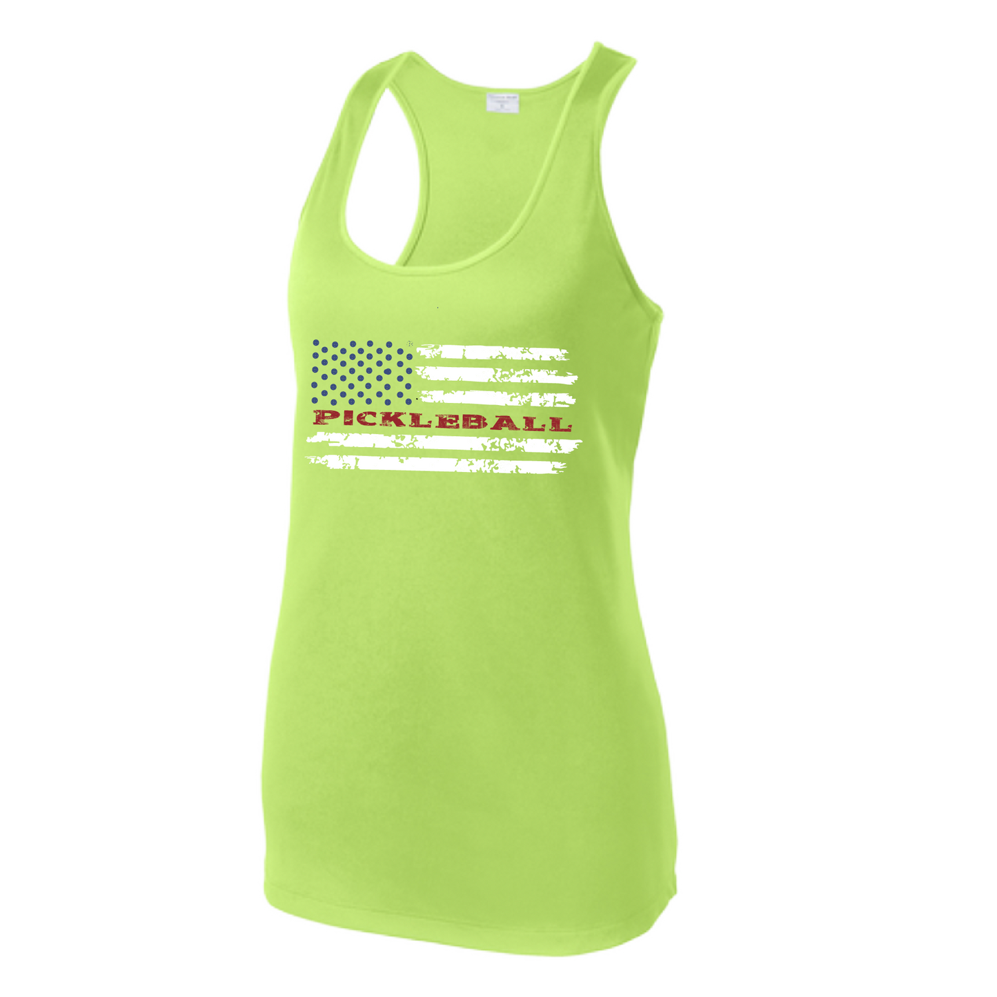 Pickleball Design: Pickleball Flag Horizontal or Vertical on Front of Shirt Women's Style: Racerback Tank Turn up the volume in this Women's shirt with its perfect mix of softness and attitude. Material is ultra-comfortable with moisture wicking properties and tri-blend softness. PosiCharge technology locks in color. Highly breathable and lightweight.