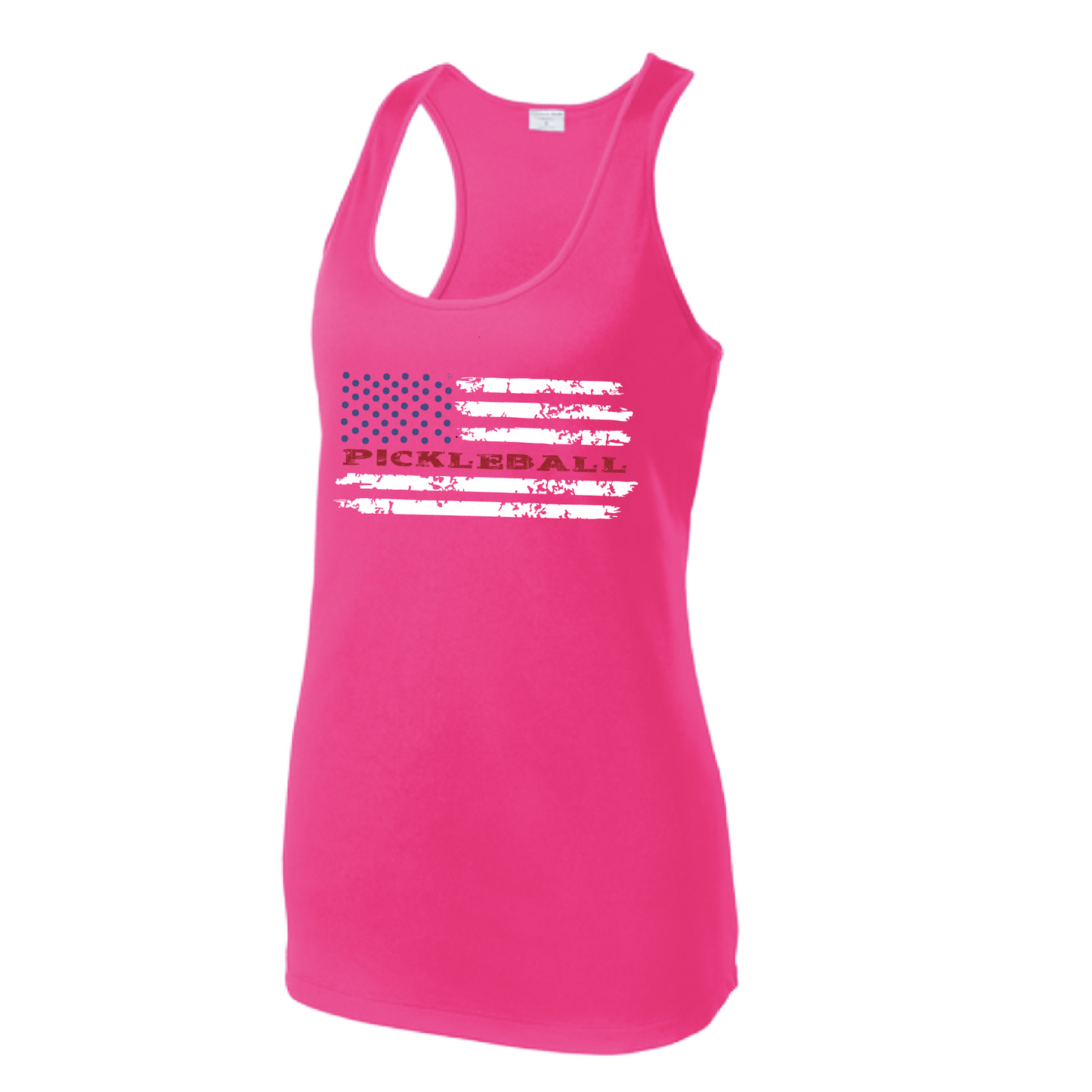 Pickleball Design: Pickleball Flag Horizontal or Vertical on Front of Shirt Women's Style: Racerback Tank Turn up the volume in this Women's shirt with its perfect mix of softness and attitude. Material is ultra-comfortable with moisture wicking properties and tri-blend softness. PosiCharge technology locks in color. Highly breathable and lightweight.