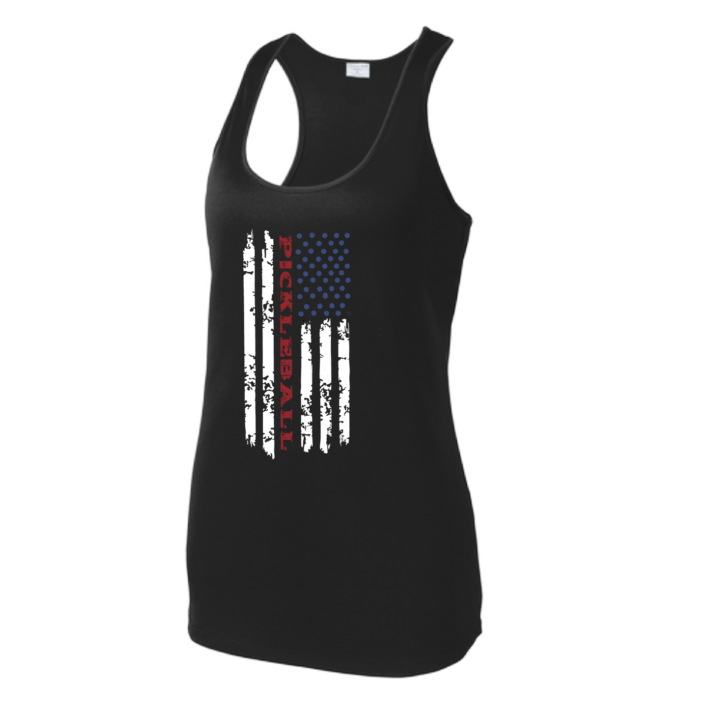 Pickleball Design: Pickleball Flag Horizontal or Vertical on Front of Shirt Women's Style: Racerback Tank Turn up the volume in this Women's shirt with its perfect mix of softness and attitude. Material is ultra-comfortable with moisture wicking properties and tri-blend softness. PosiCharge technology locks in color. Highly breathable and lightweight.