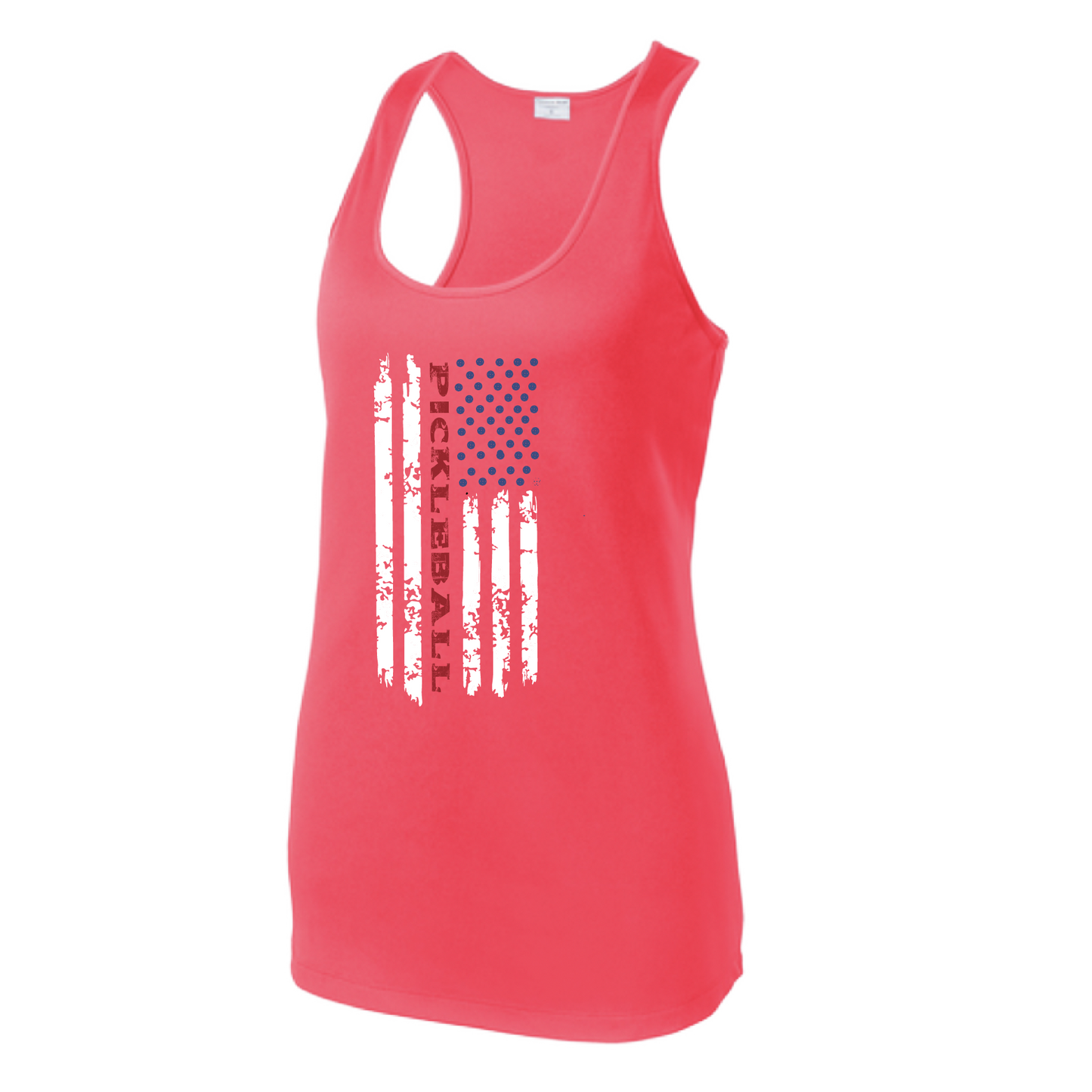 Pickleball Design: Pickleball Flag Horizontal or Vertical on Front of Shirt Women's Style: Racerback Tank Turn up the volume in this Women's shirt with its perfect mix of softness and attitude. Material is ultra-comfortable with moisture wicking properties and tri-blend softness. PosiCharge technology locks in color. Highly breathable and lightweight.