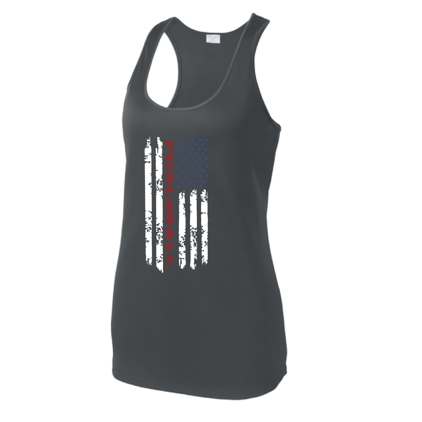 Pickleball Design: Pickleball Flag Horizontal or Vertical on Front of Shirt Women's Style: Racerback Tank Turn up the volume in this Women's shirt with its perfect mix of softness and attitude. Material is ultra-comfortable with moisture wicking properties and tri-blend softness. PosiCharge technology locks in color. Highly breathable and lightweight.