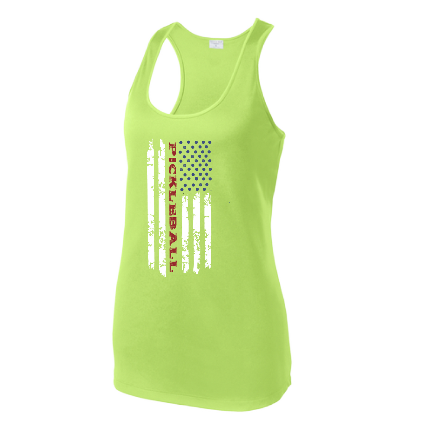 Pickleball Design: Pickleball Flag Horizontal or Vertical on Front of Shirt Women's Style: Racerback Tank Turn up the volume in this Women's shirt with its perfect mix of softness and attitude. Material is ultra-comfortable with moisture wicking properties and tri-blend softness. PosiCharge technology locks in color. Highly breathable and lightweight.