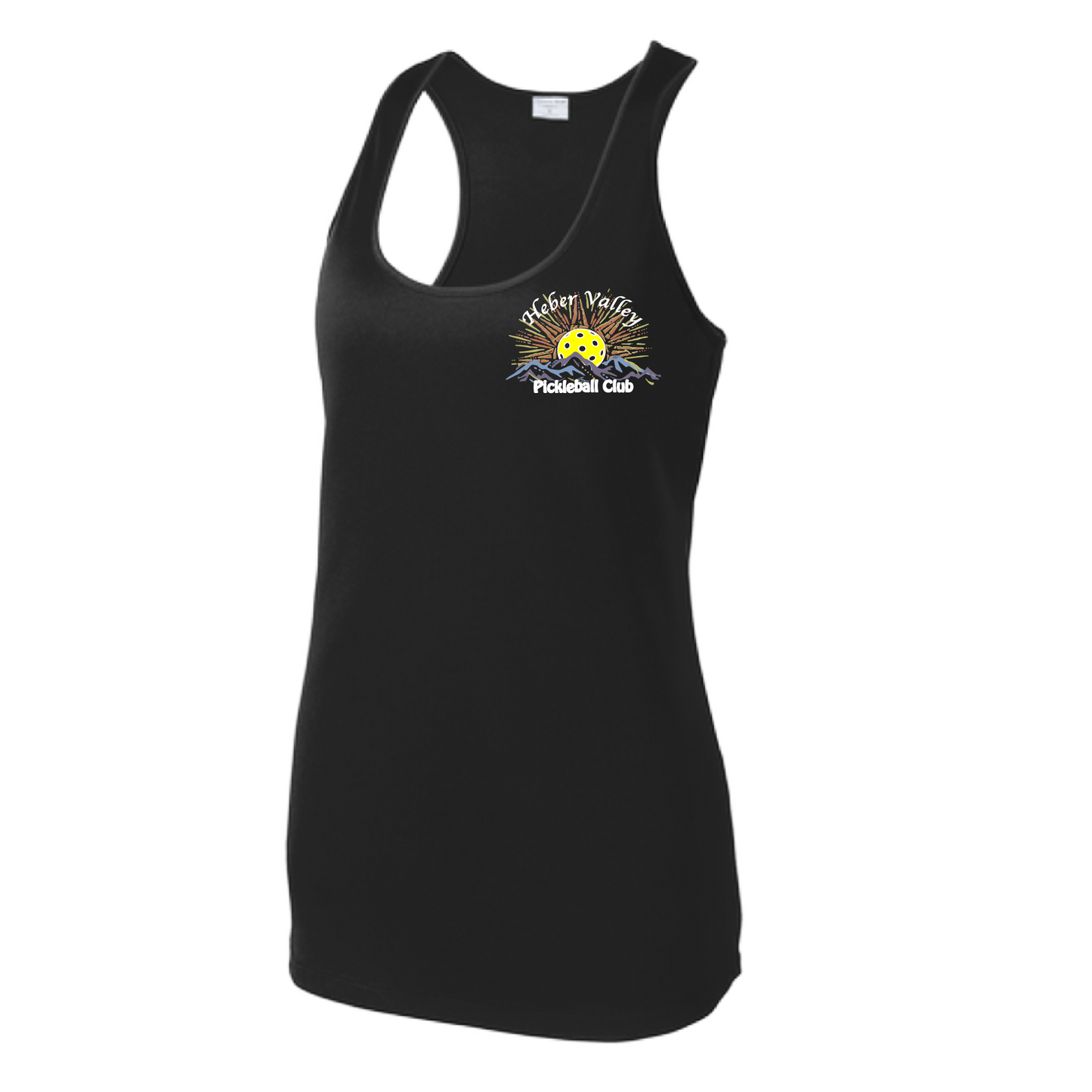 Pickleball Shirt Design: Heber Valley Pickleball Club Women's Style: Racerback Tank Turn up the volume in this Women's shirt with its perfect mix of softness and attitude. Material is ultra-comfortable with moisture wicking properties and tri-blend softness. PosiCharge technology locks in color. Highly breathable and lightweight.