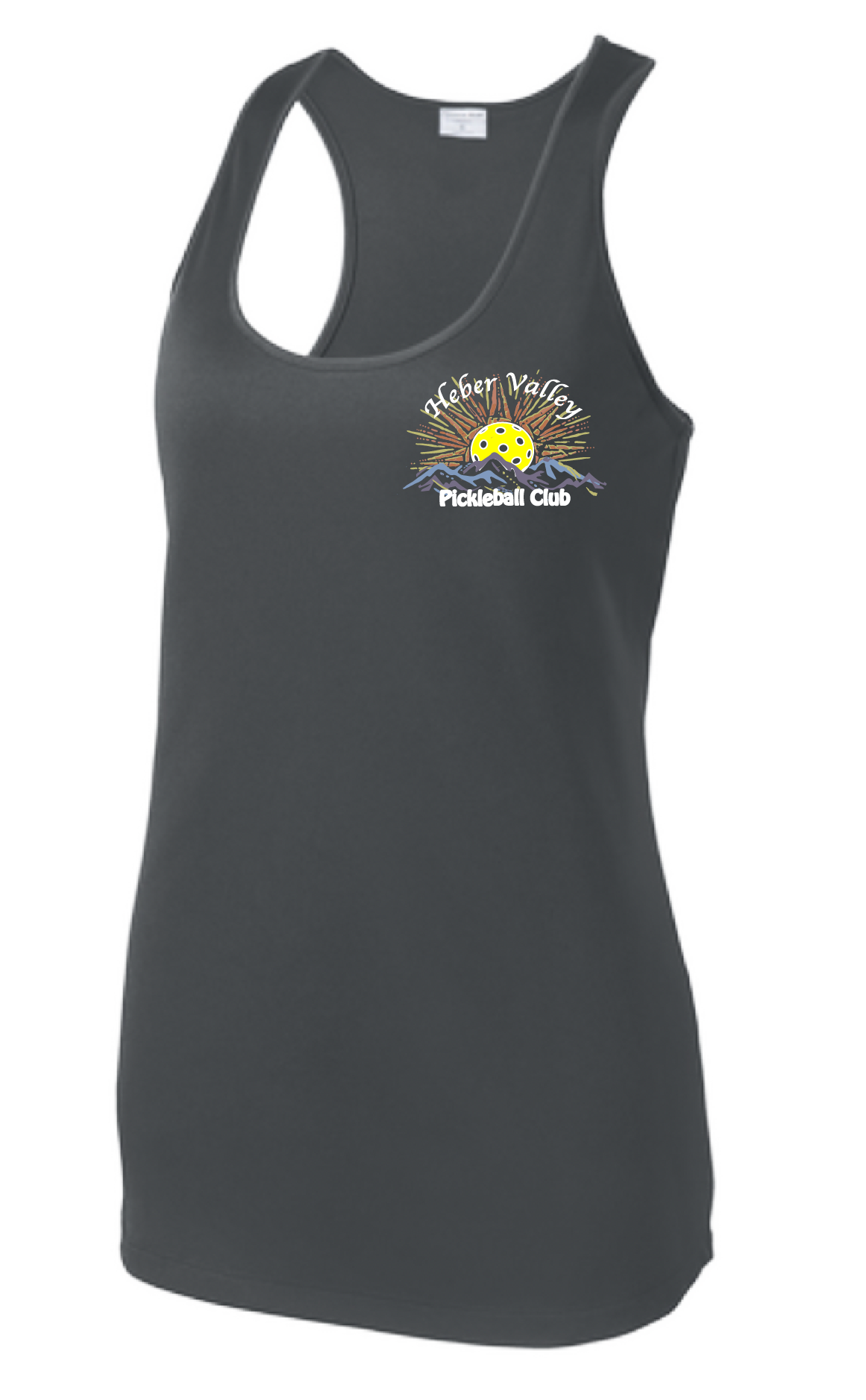 Pickleball Shirt Design: Heber Valley Pickleball Club Women's Style: Racerback Tank Turn up the volume in this Women's shirt with its perfect mix of softness and attitude. Material is ultra-comfortable with moisture wicking properties and tri-blend softness. PosiCharge technology locks in color. Highly breathable and lightweight.