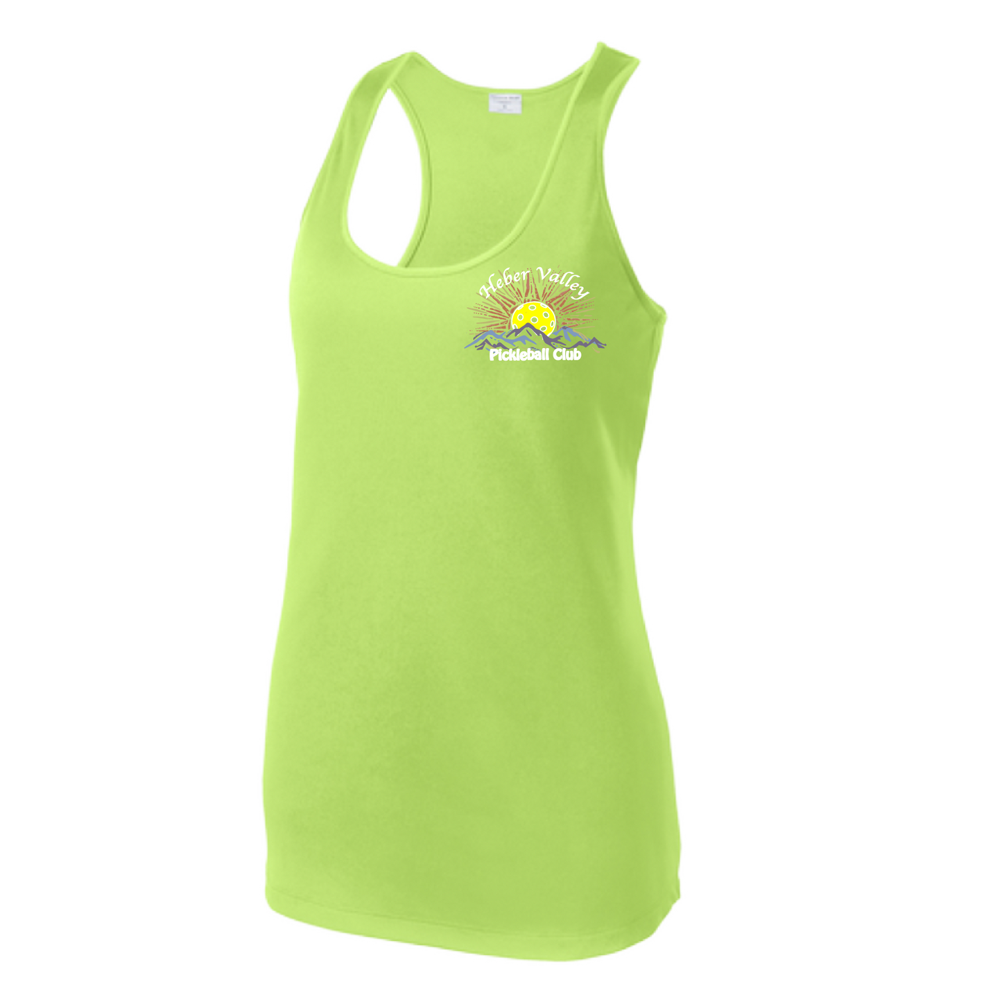 Pickleball Shirt Design: Heber Valley Pickleball Club Women's Style: Racerback Tank Turn up the volume in this Women's shirt with its perfect mix of softness and attitude. Material is ultra-comfortable with moisture wicking properties and tri-blend softness. PosiCharge technology locks in color. Highly breathable and lightweight.