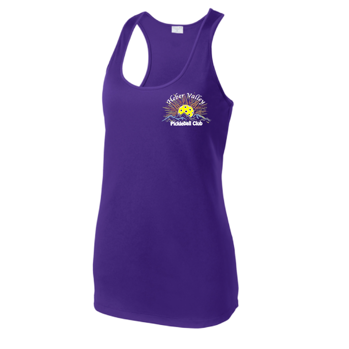 Pickleball Shirt Design: Heber Valley Pickleball Club Women's Style: Racerback Tank Turn up the volume in this Women's shirt with its perfect mix of softness and attitude. Material is ultra-comfortable with moisture wicking properties and tri-blend softness. PosiCharge technology locks in color. Highly breathable and lightweight.